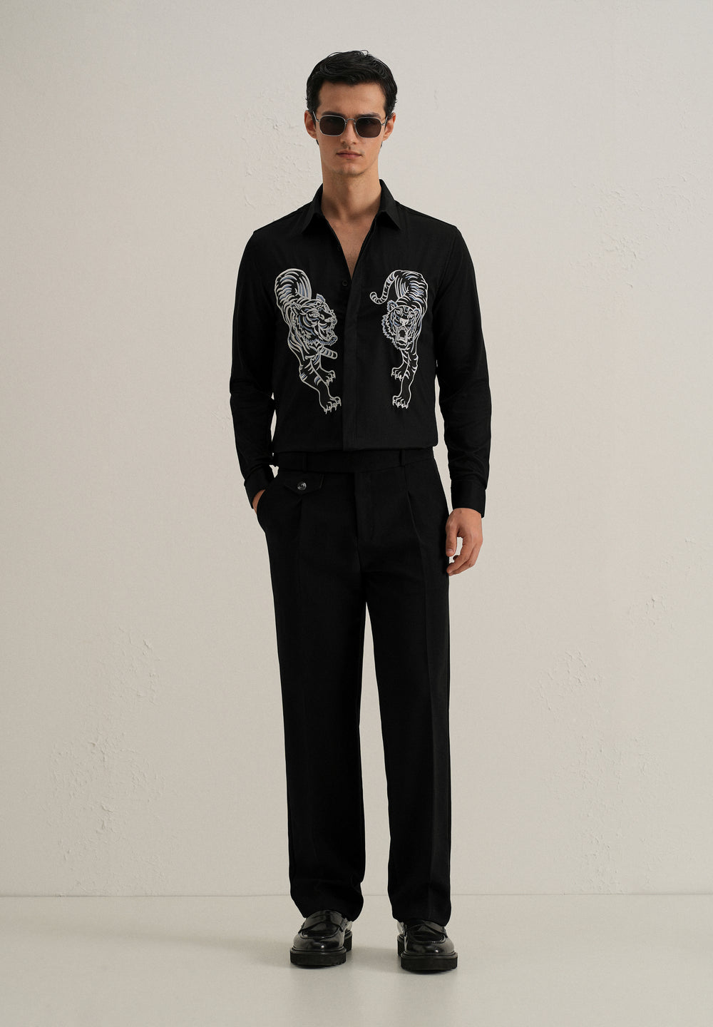 Black Tiger Embroidered Designer Shirt
