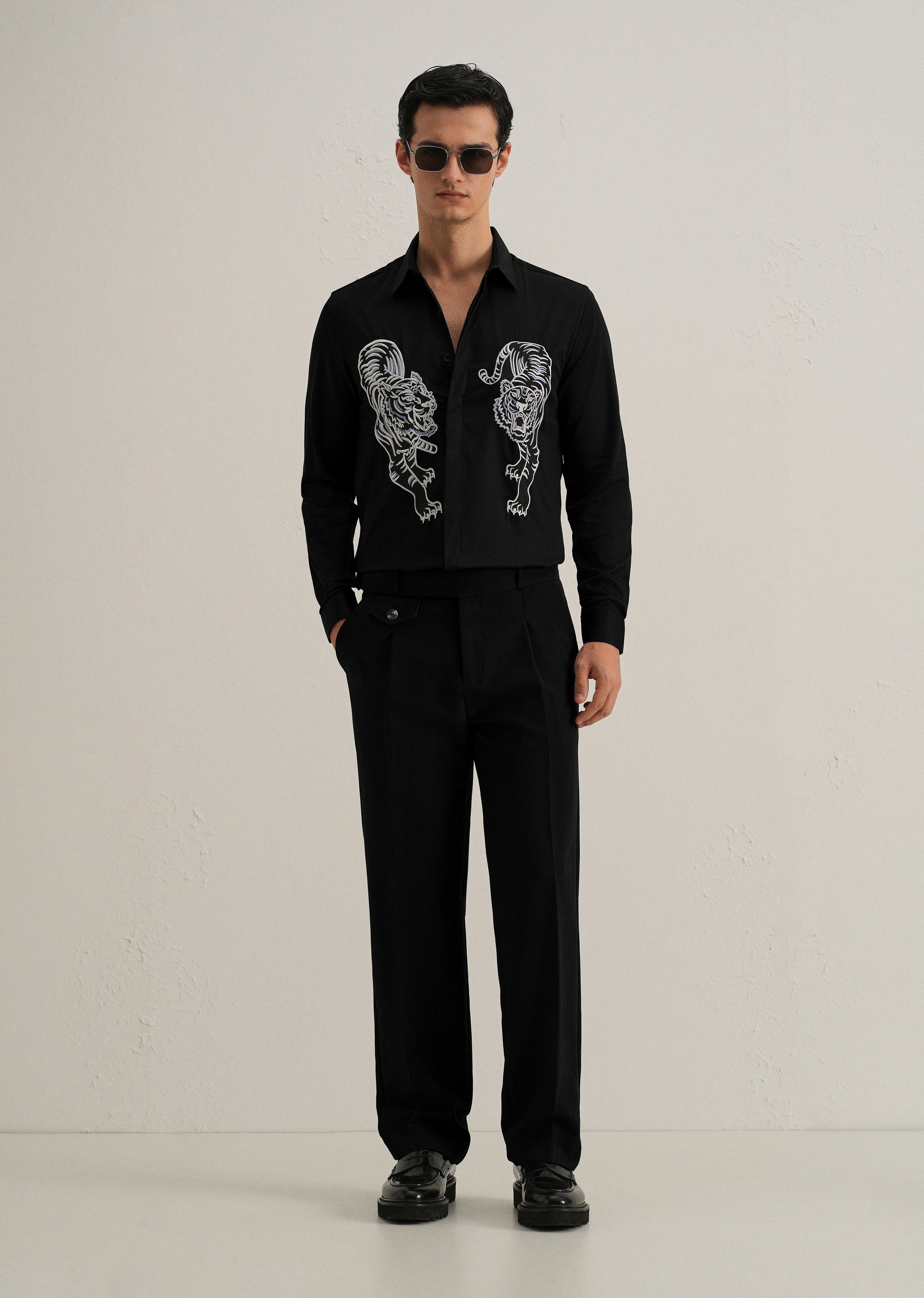 Black Tiger Embroidered Designer Shirt