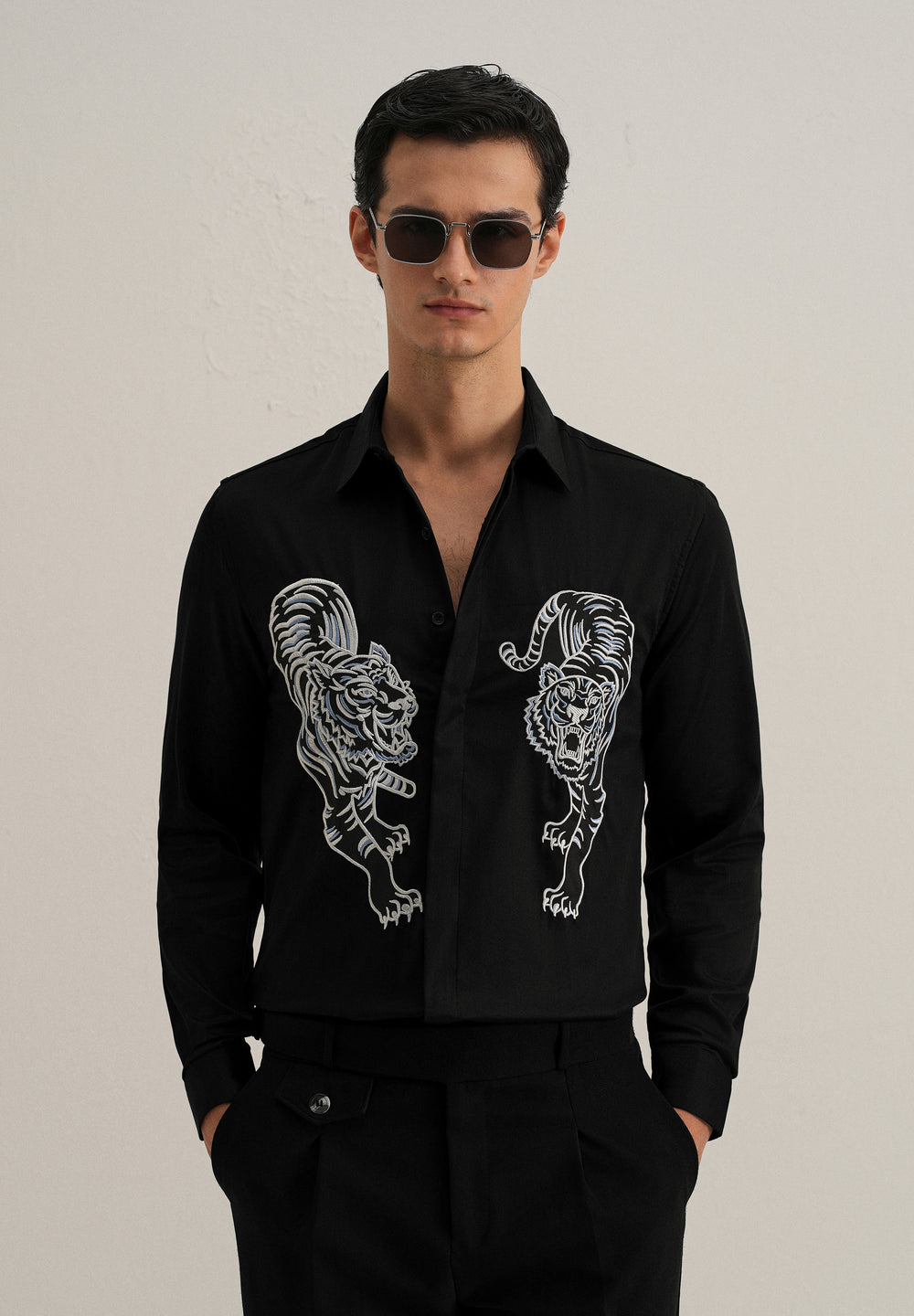 Black Tiger Embroidered Designer Shirt