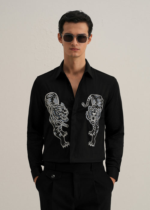 Black Tiger Embroidered Designer Shirt