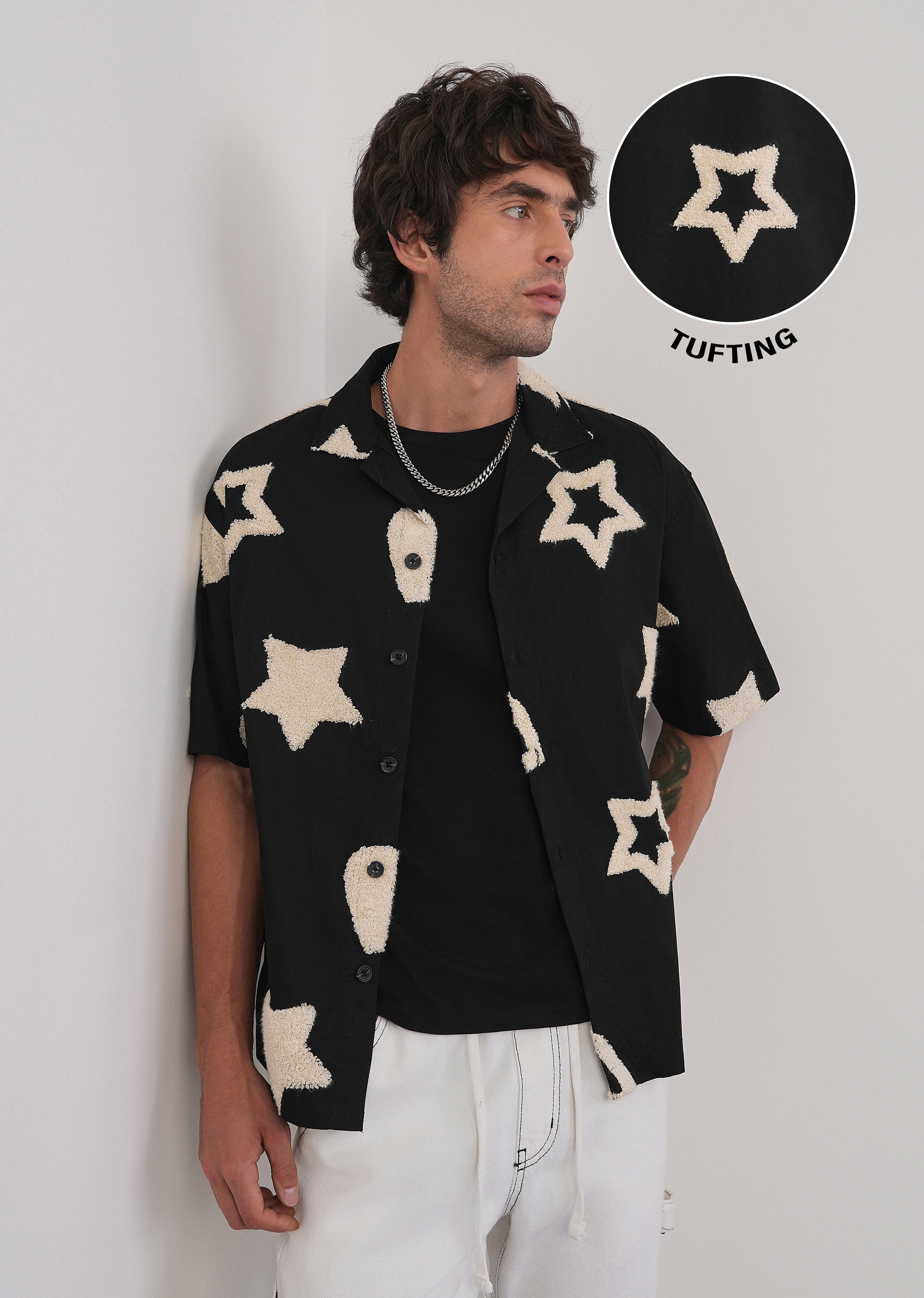Black Tufted Star Pattern Shirt