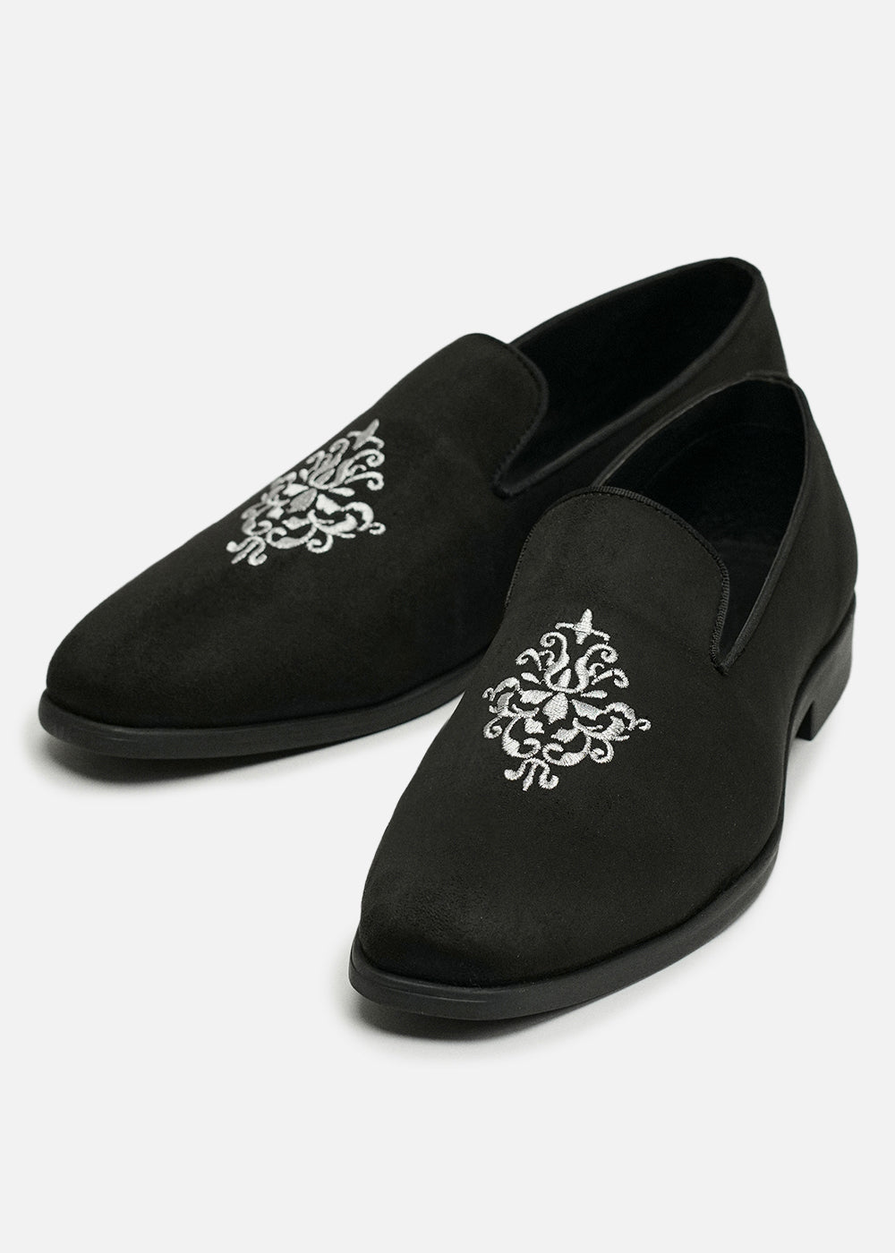 Black Suede Embroidered Loafers