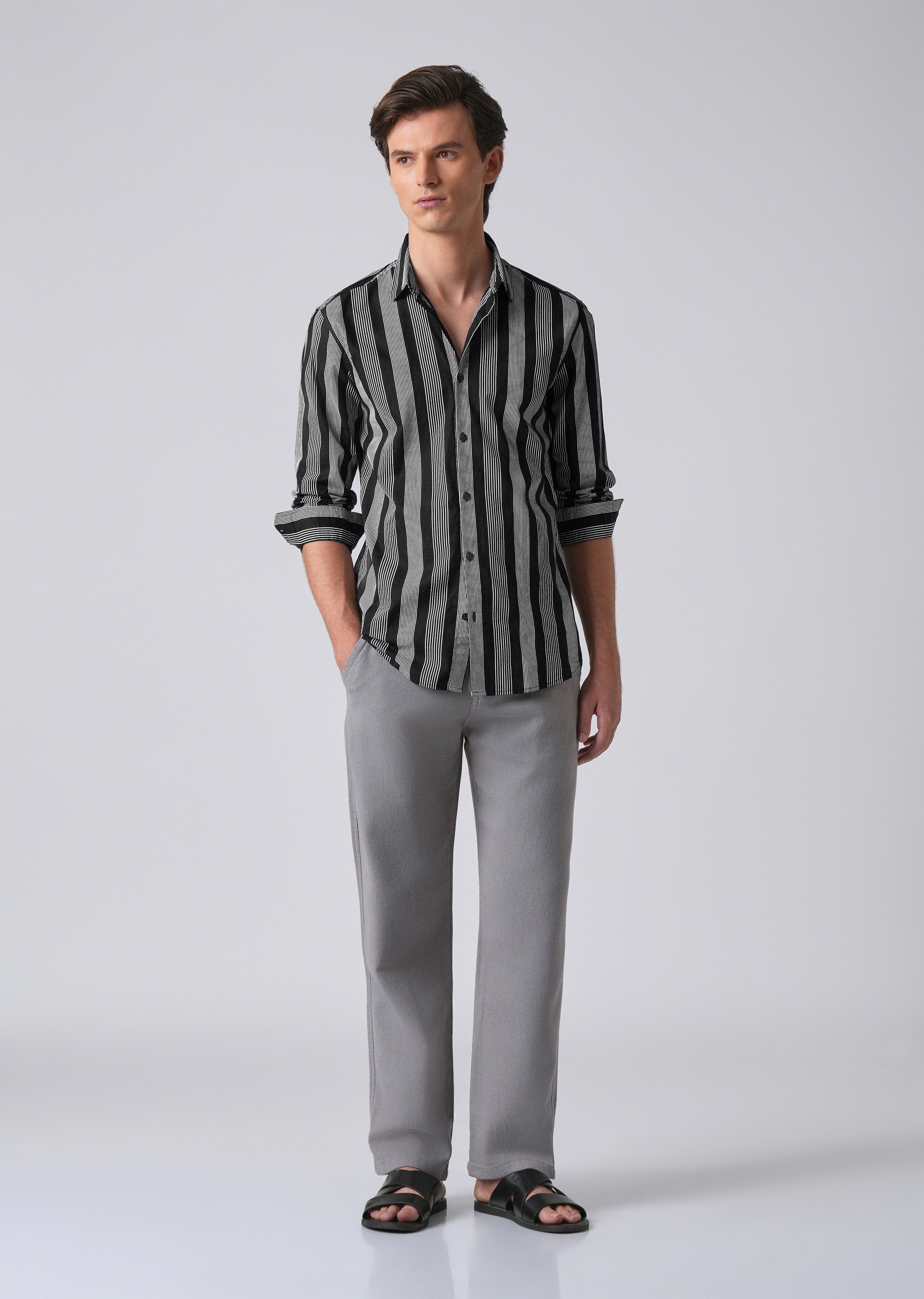 Black Vertical Pin Stripe Cotton/Linen Shirt