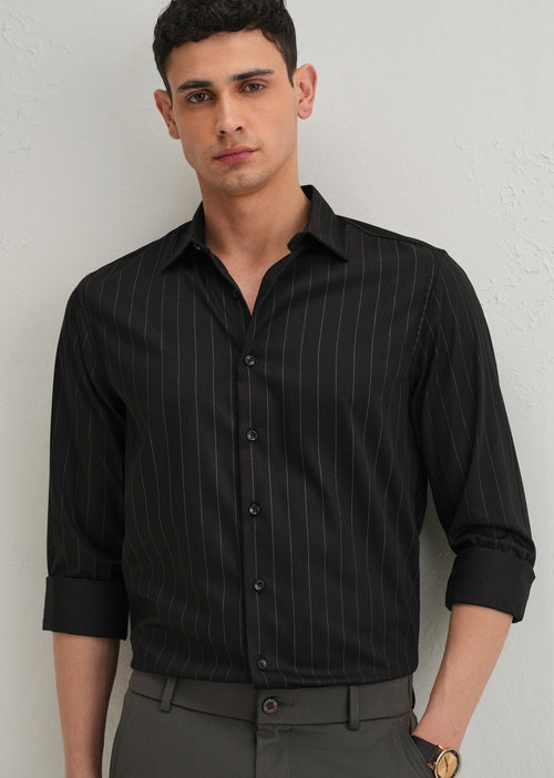 Black Vertical Stripe Cotton/Linen Shirt