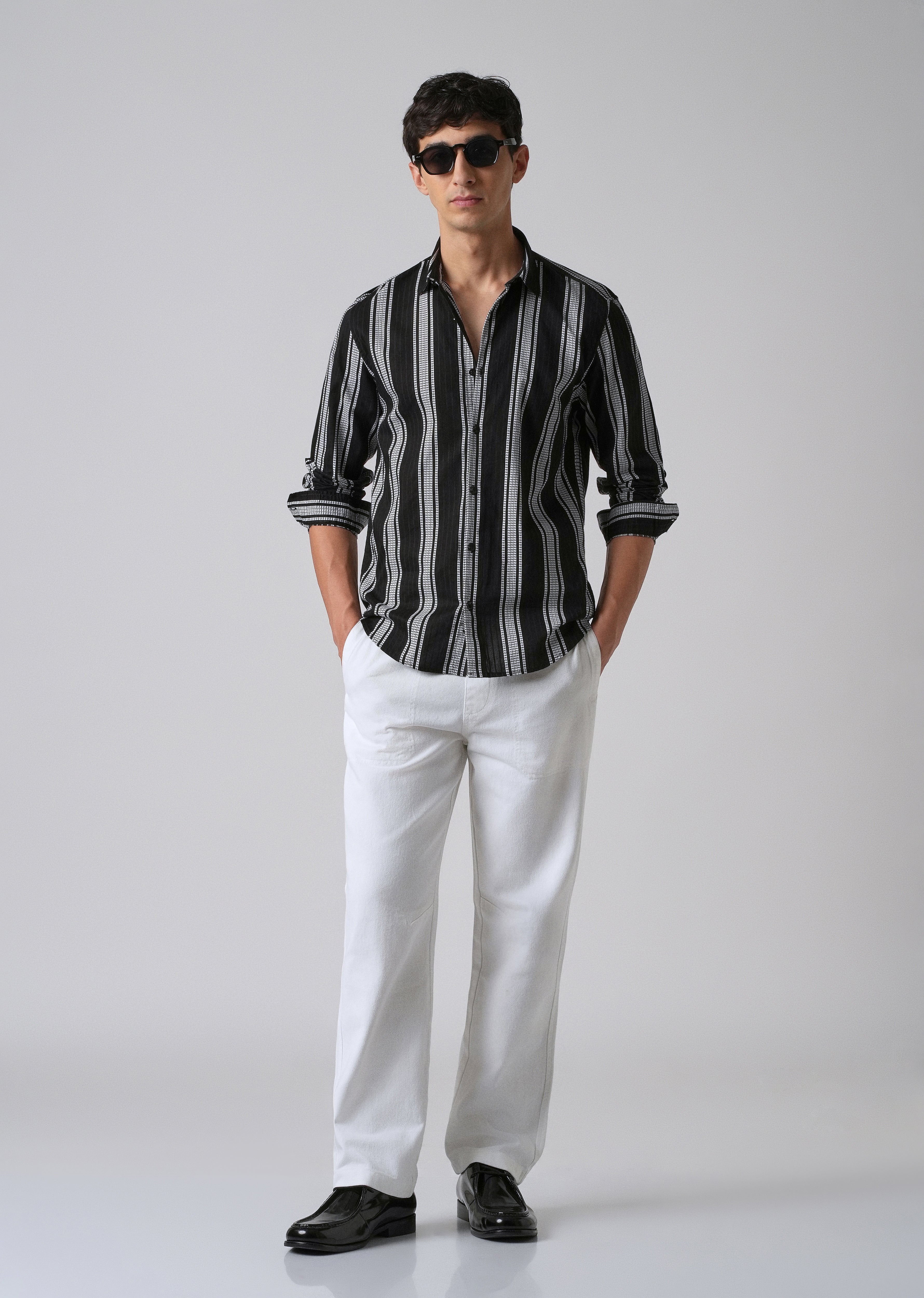 Black Vertical Stripe Cotton/Linen Shirt