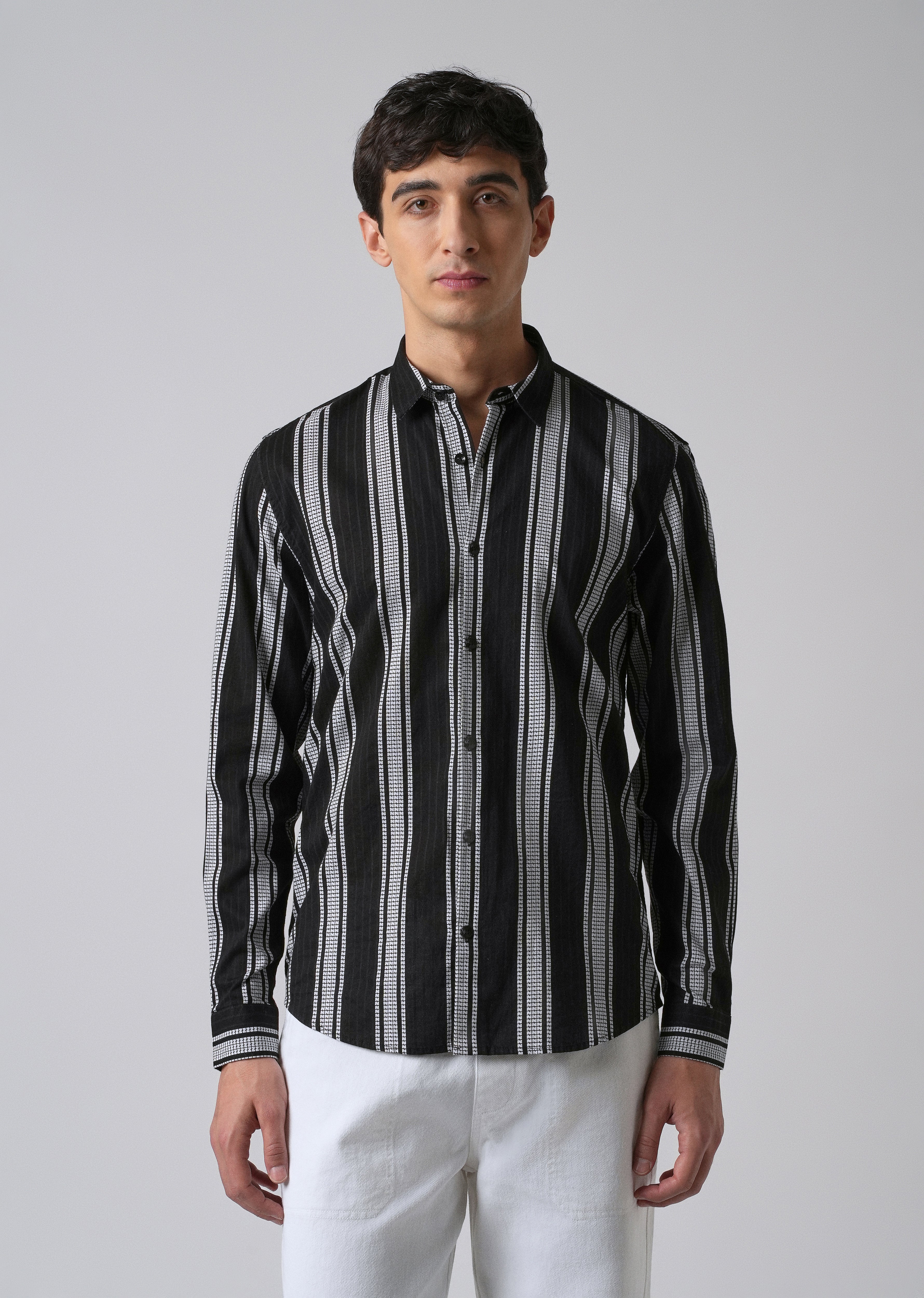 Black Vertical Stripe Cotton/Linen Shirt