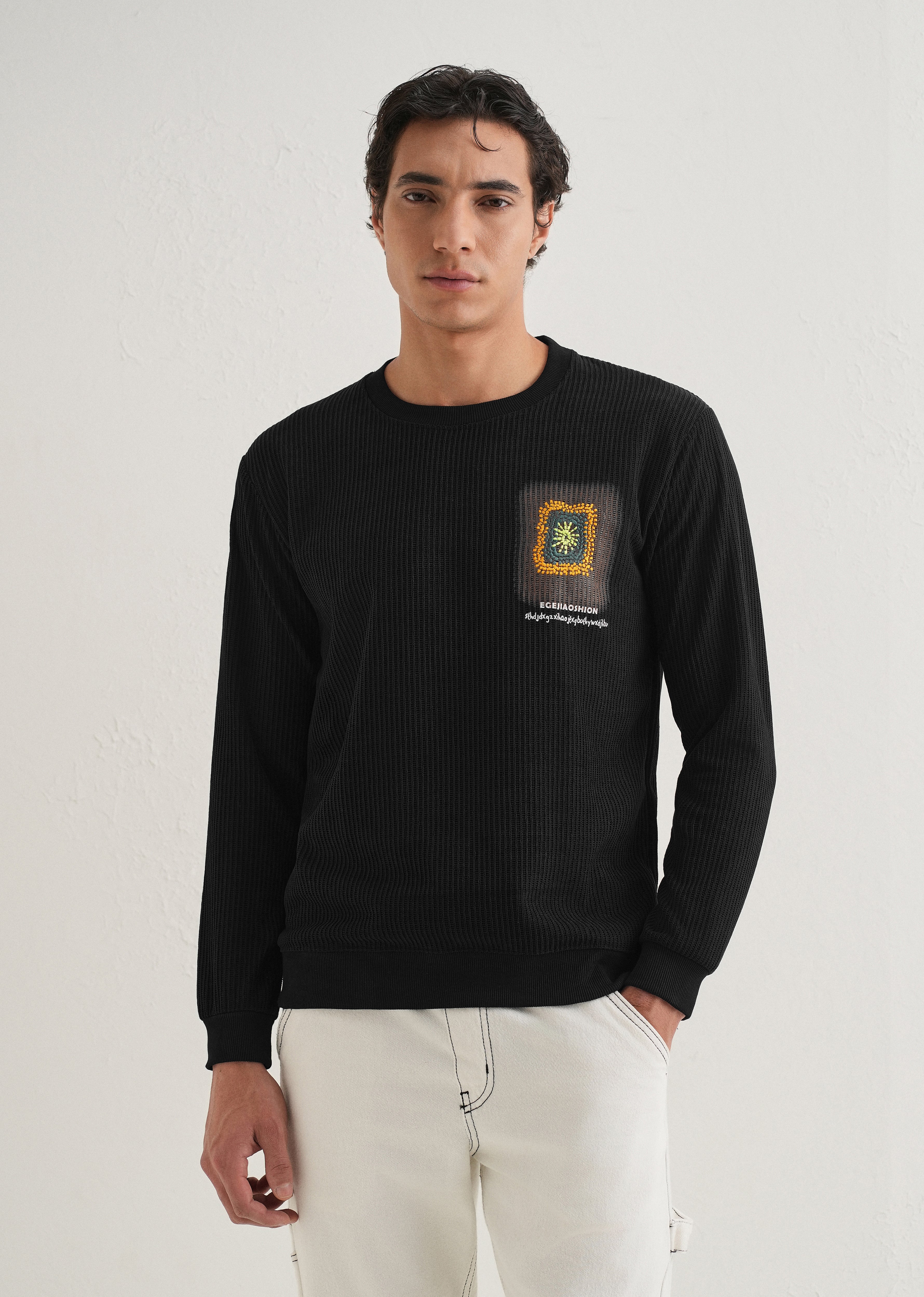 Black Waffle Knit Embroidered Pullover