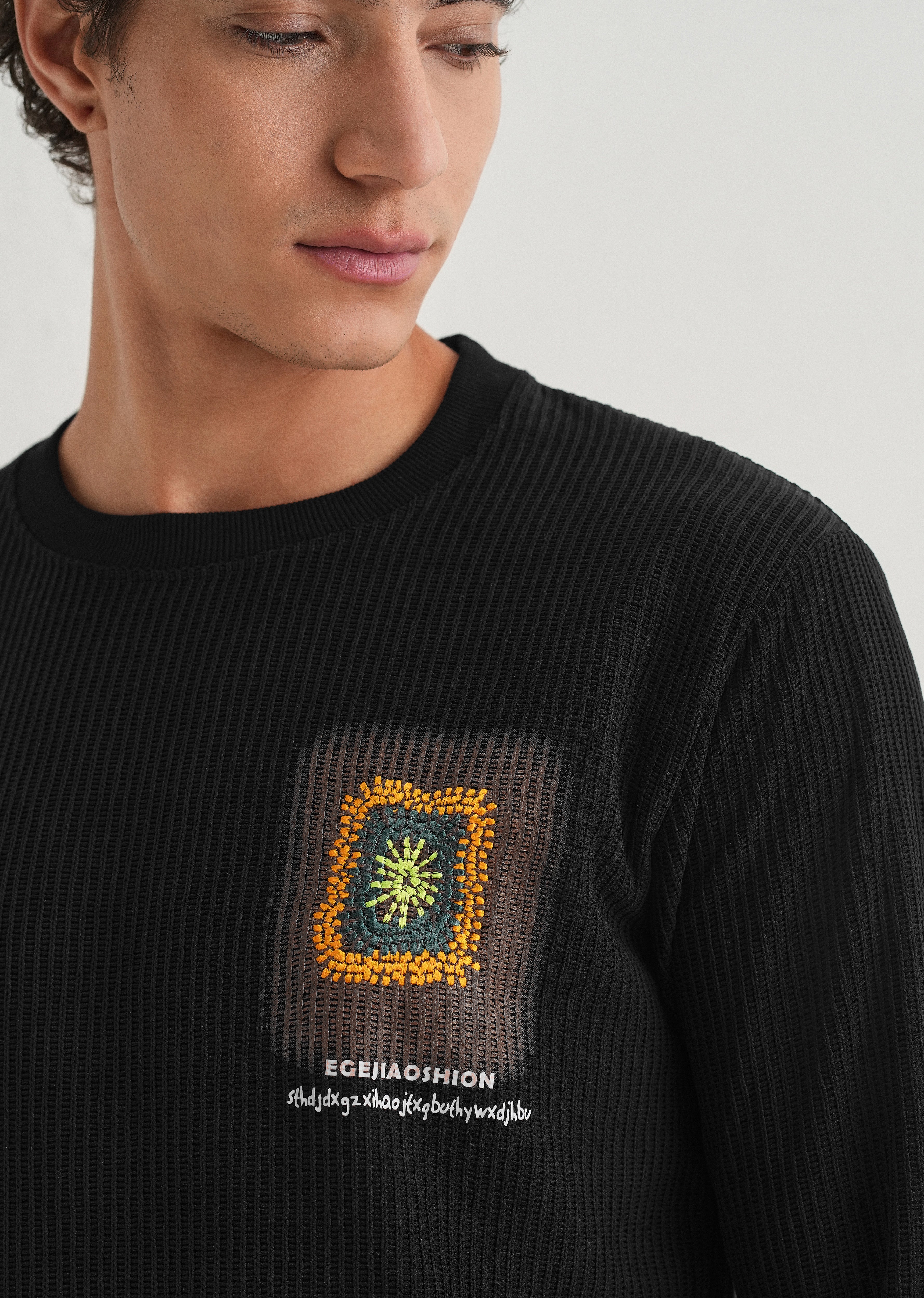 Black Waffle Knit Embroidered Pullover