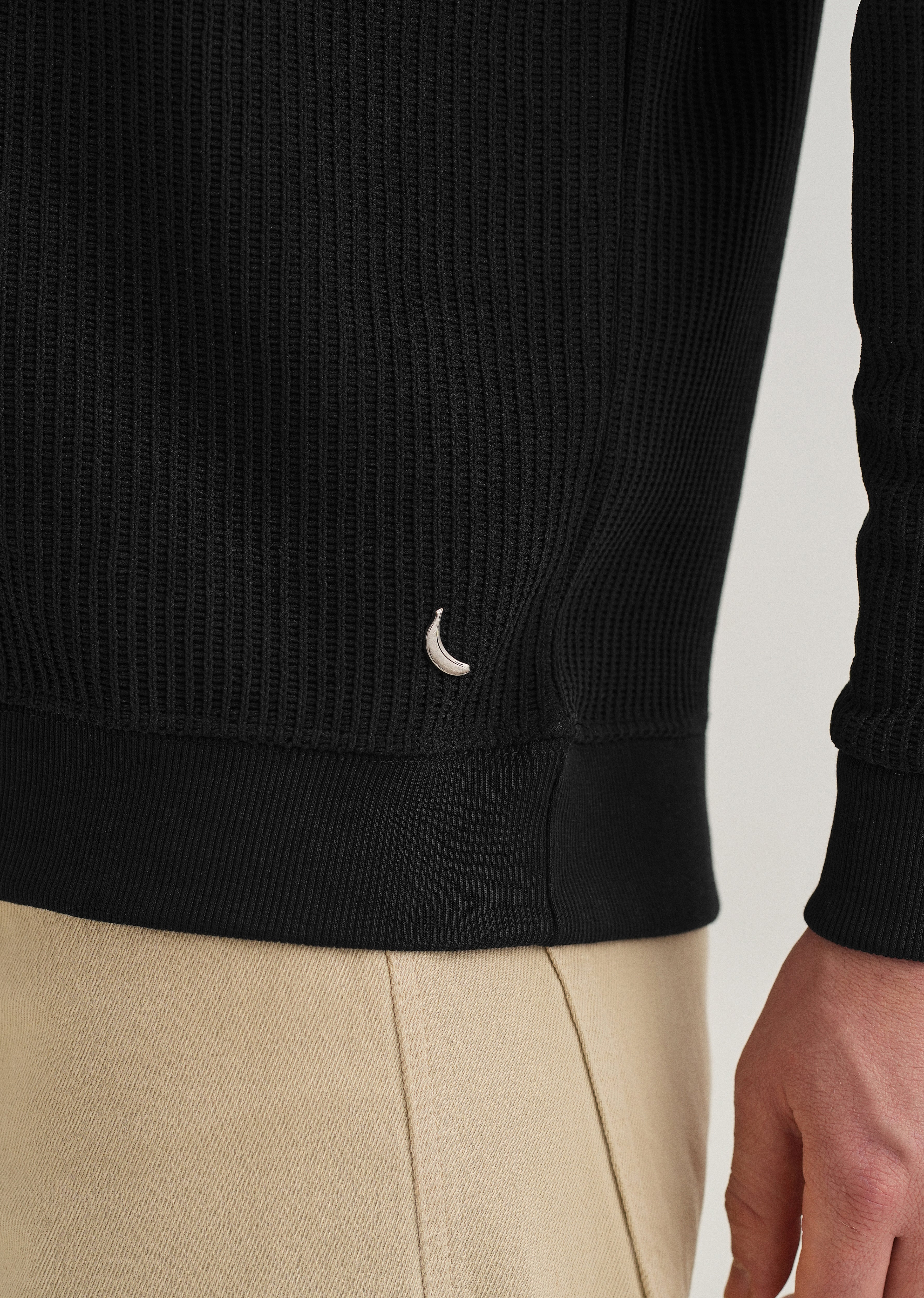 Black Waffle Knit Polo Sweatshirt