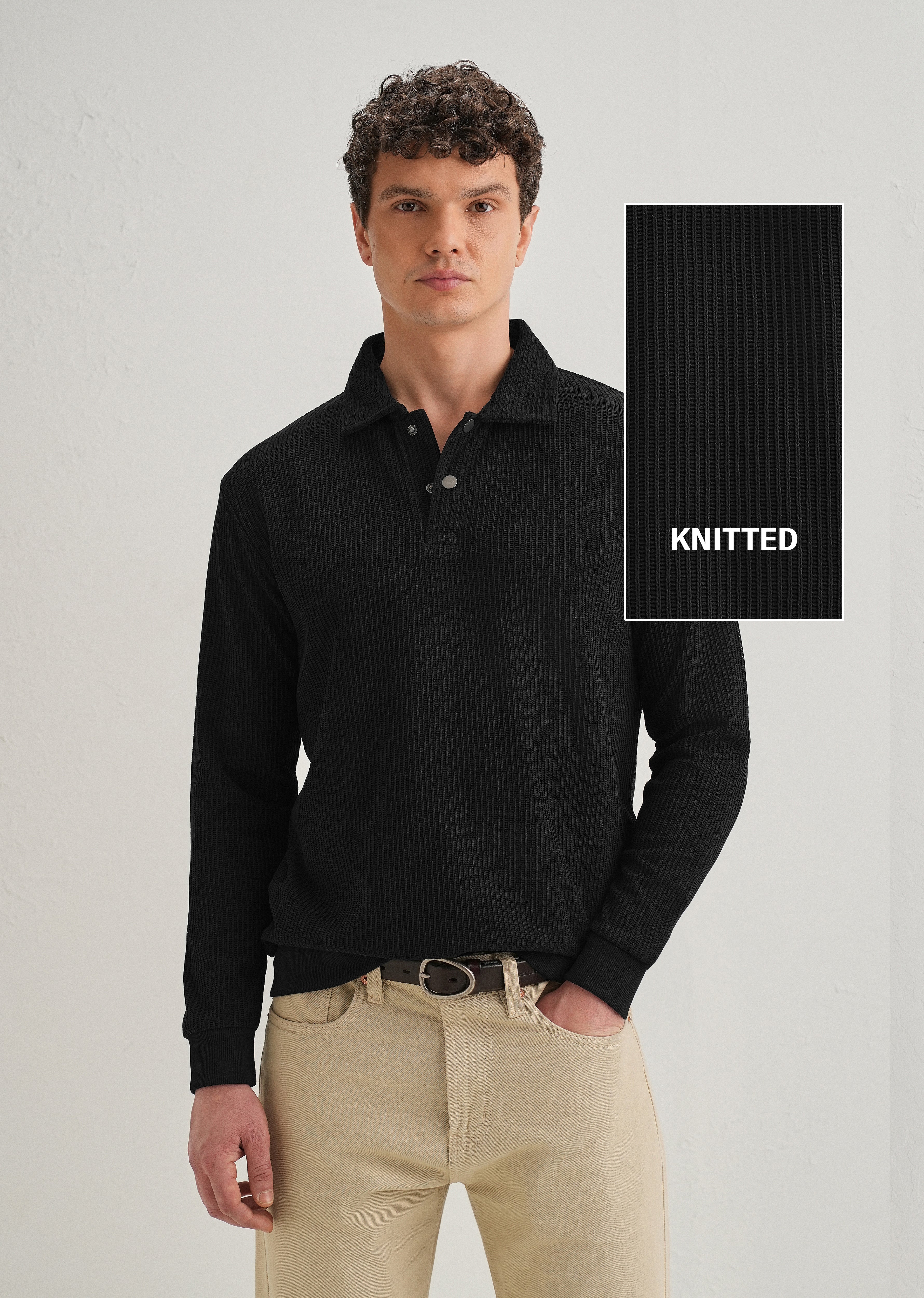 Black Waffle Knit Polo Sweatshirt