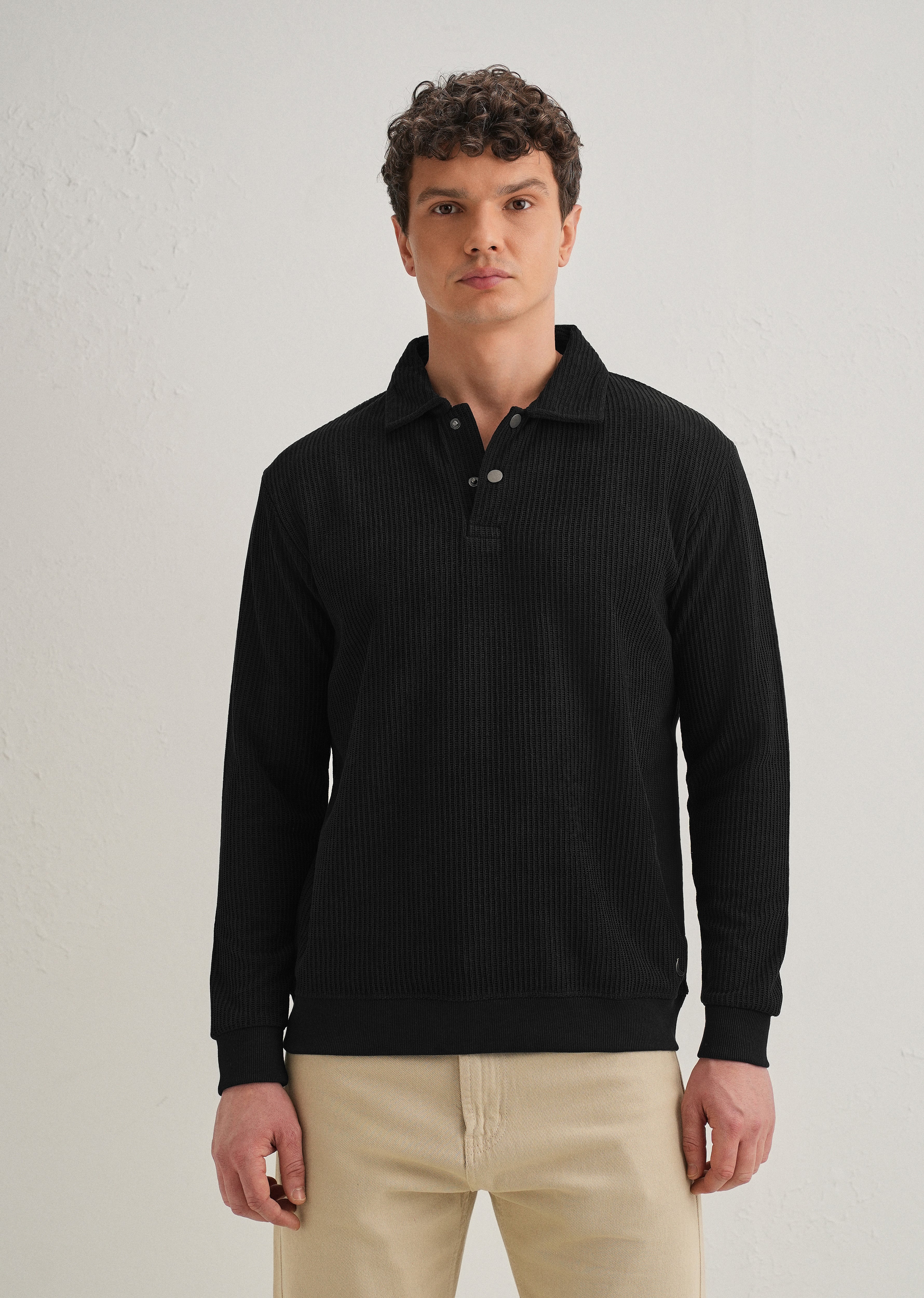 Black Waffle Knit Polo Sweatshirt