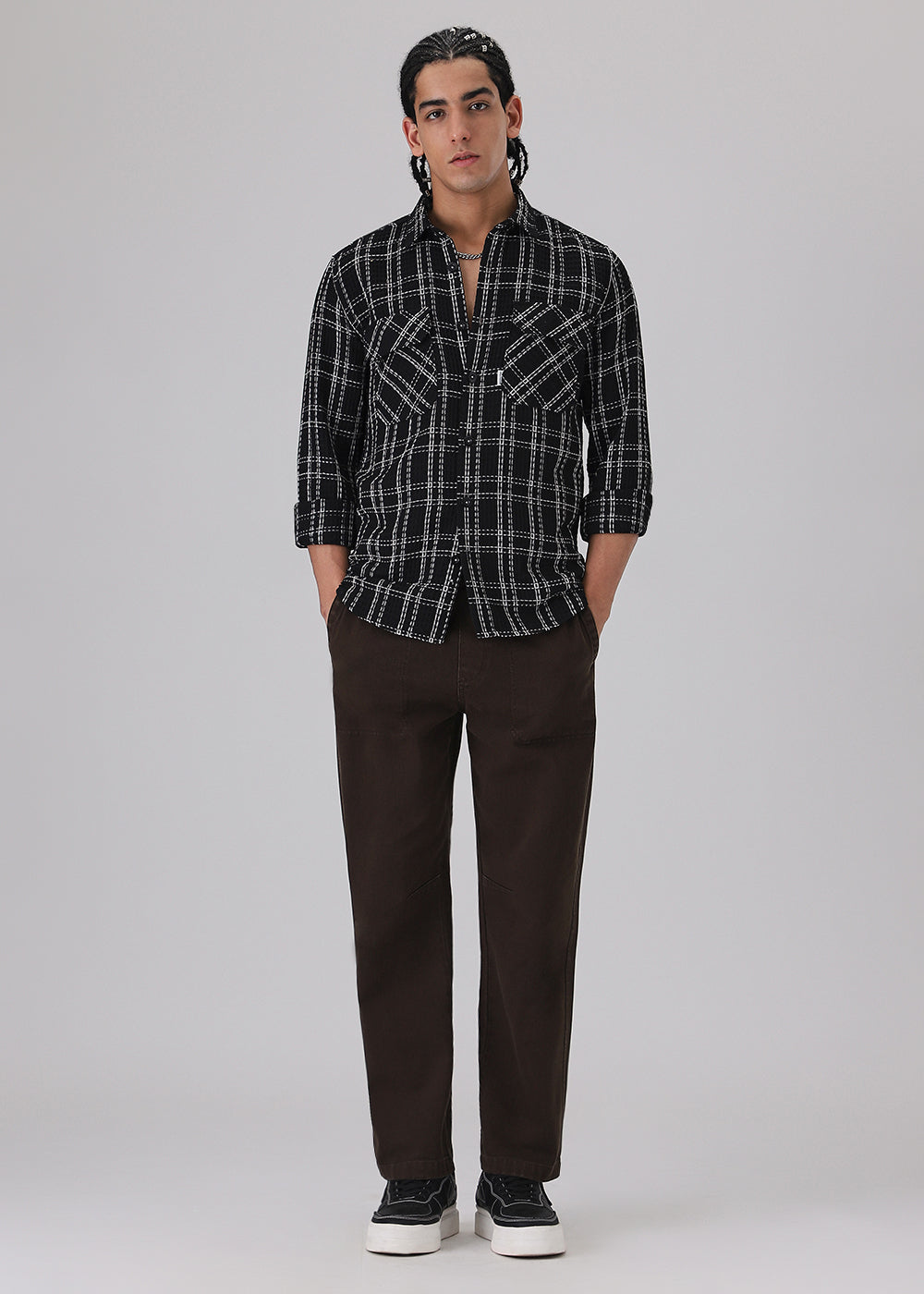 Black Waffle Plaid Check Shirt
