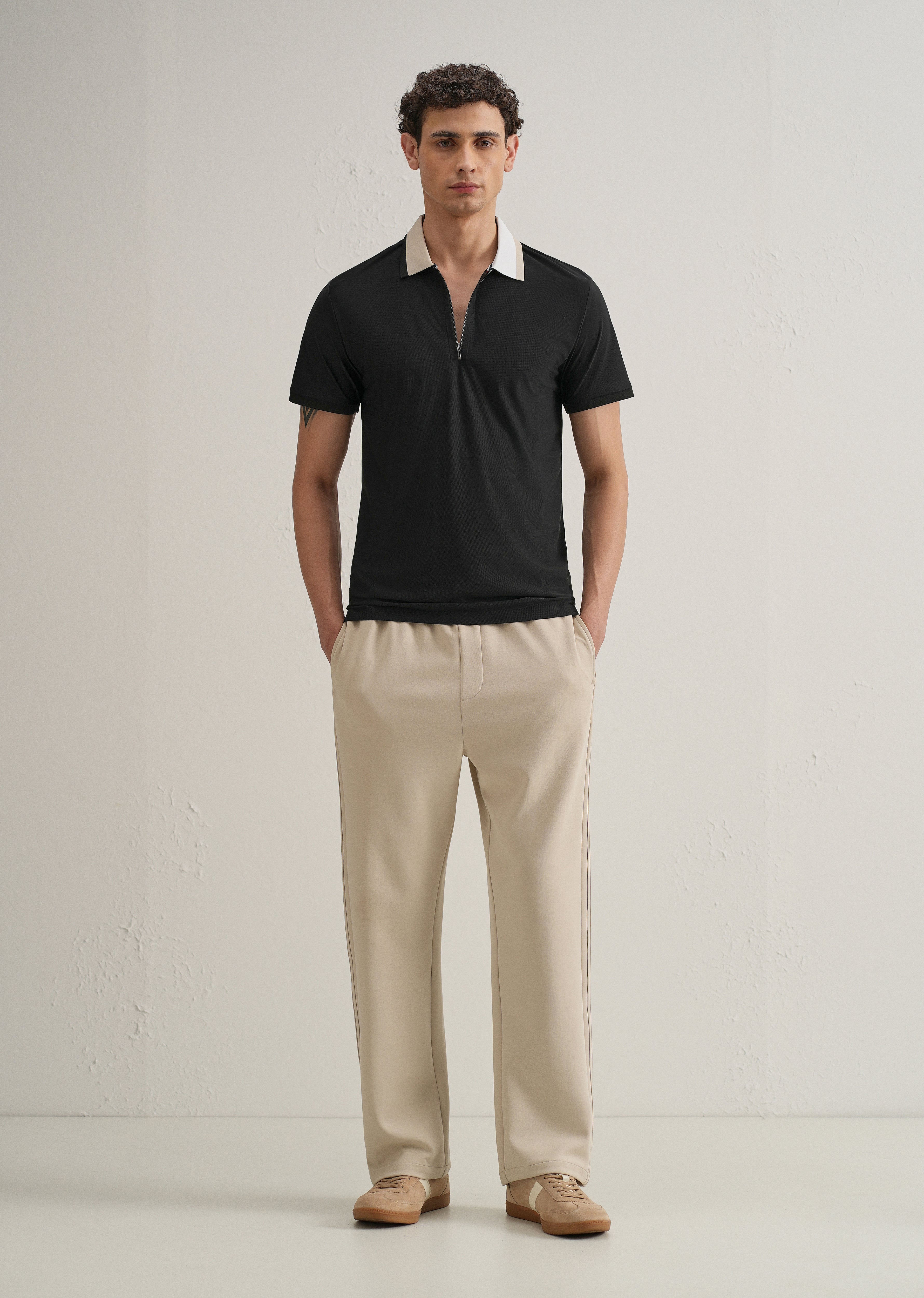 Black Zipper Polo Collar Seamless T-shirt