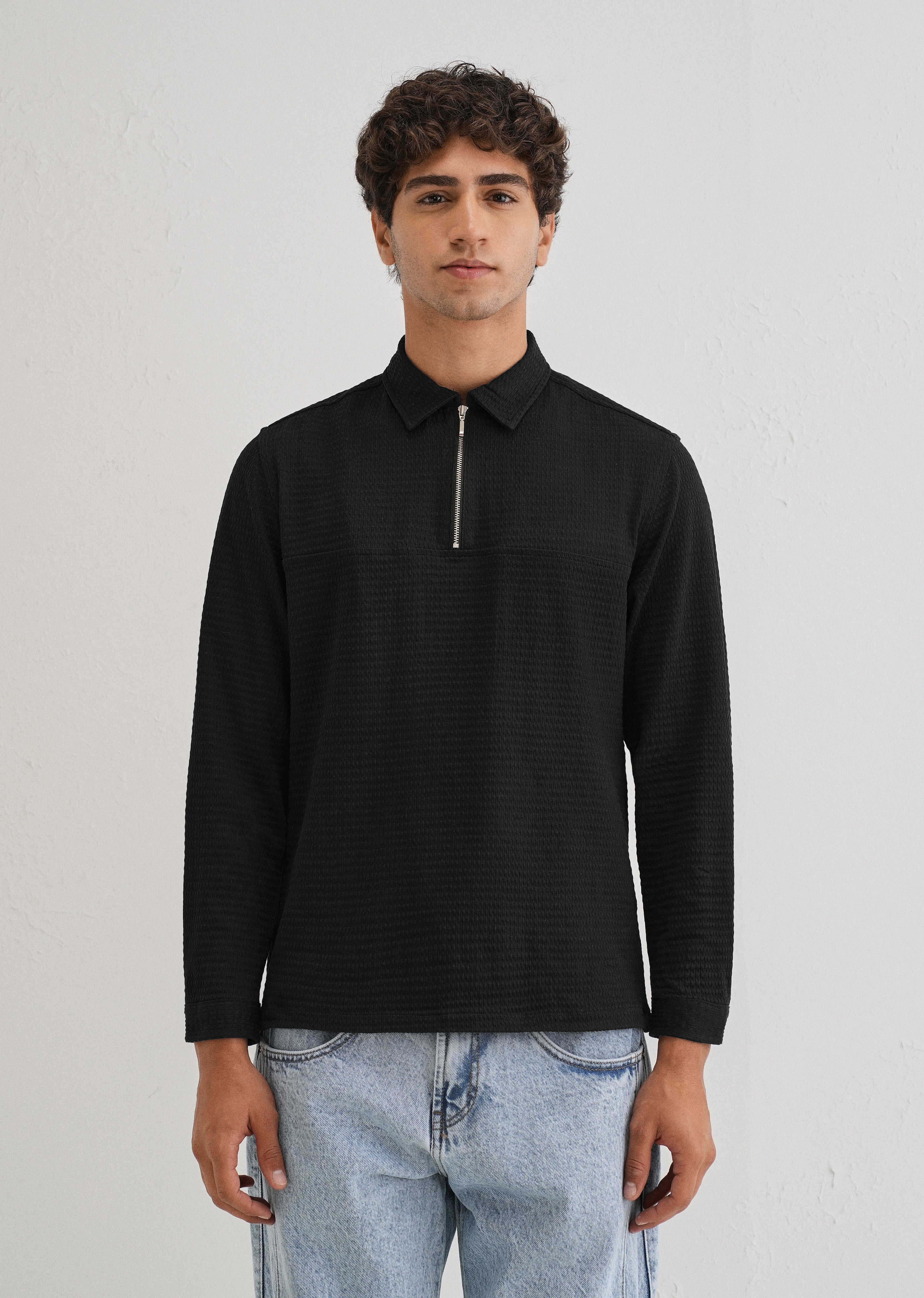 Black Zipper Polo Knit T-shirt