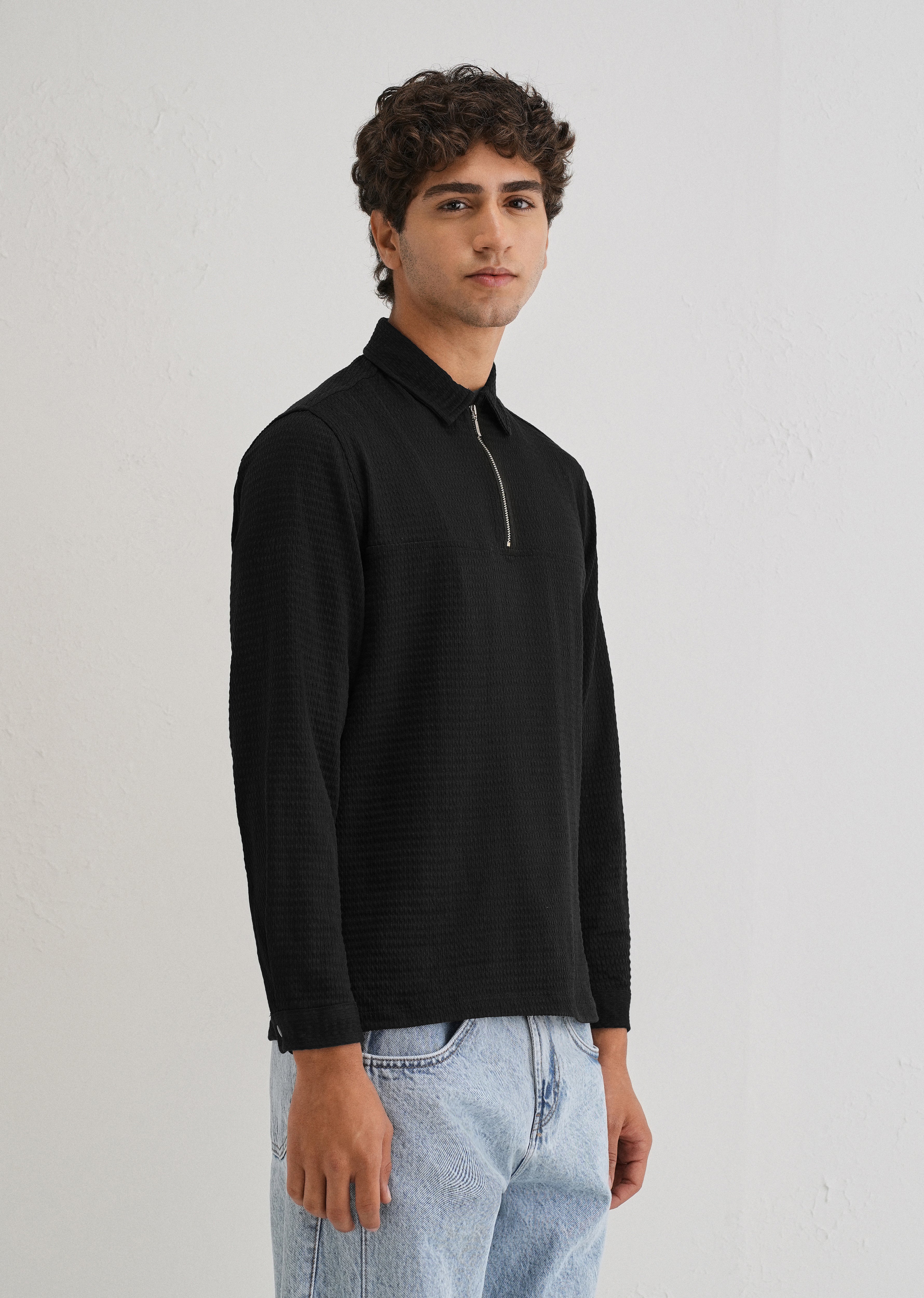 Black Zipper Polo Knit T-shirt