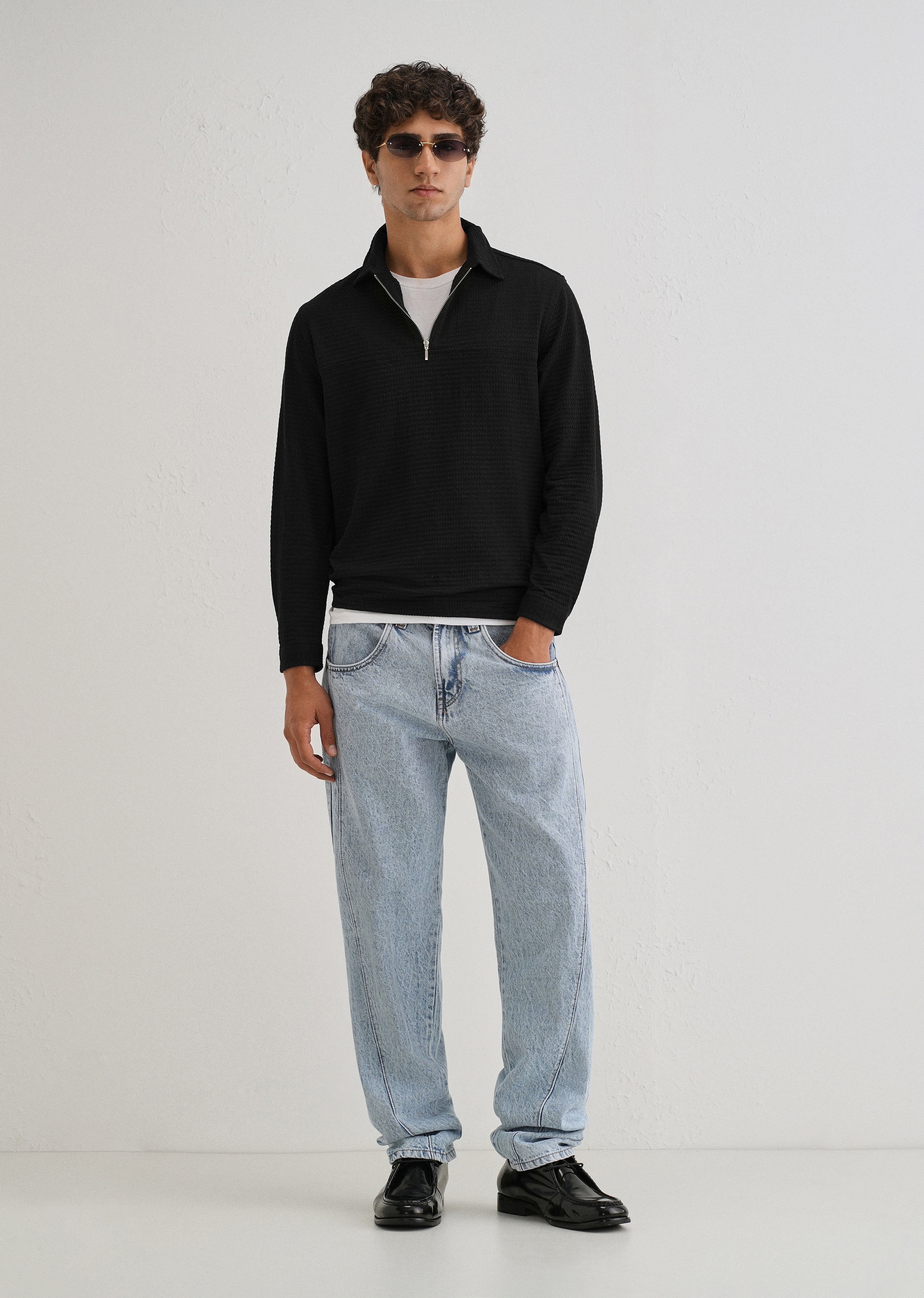 Black Zipper Polo Knit T-shirt