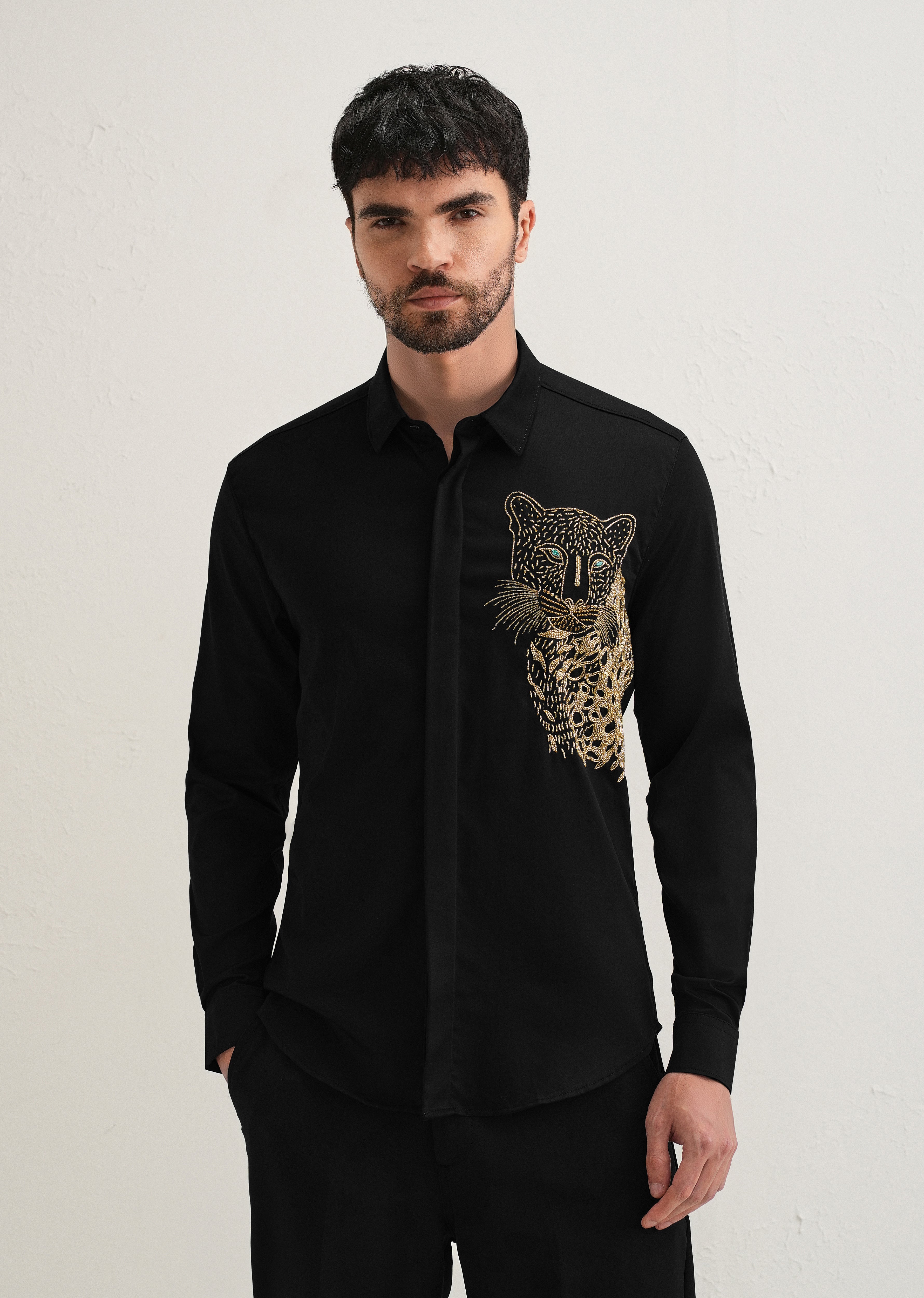 Black Cheetah Embellished Handwork Designer Shirt