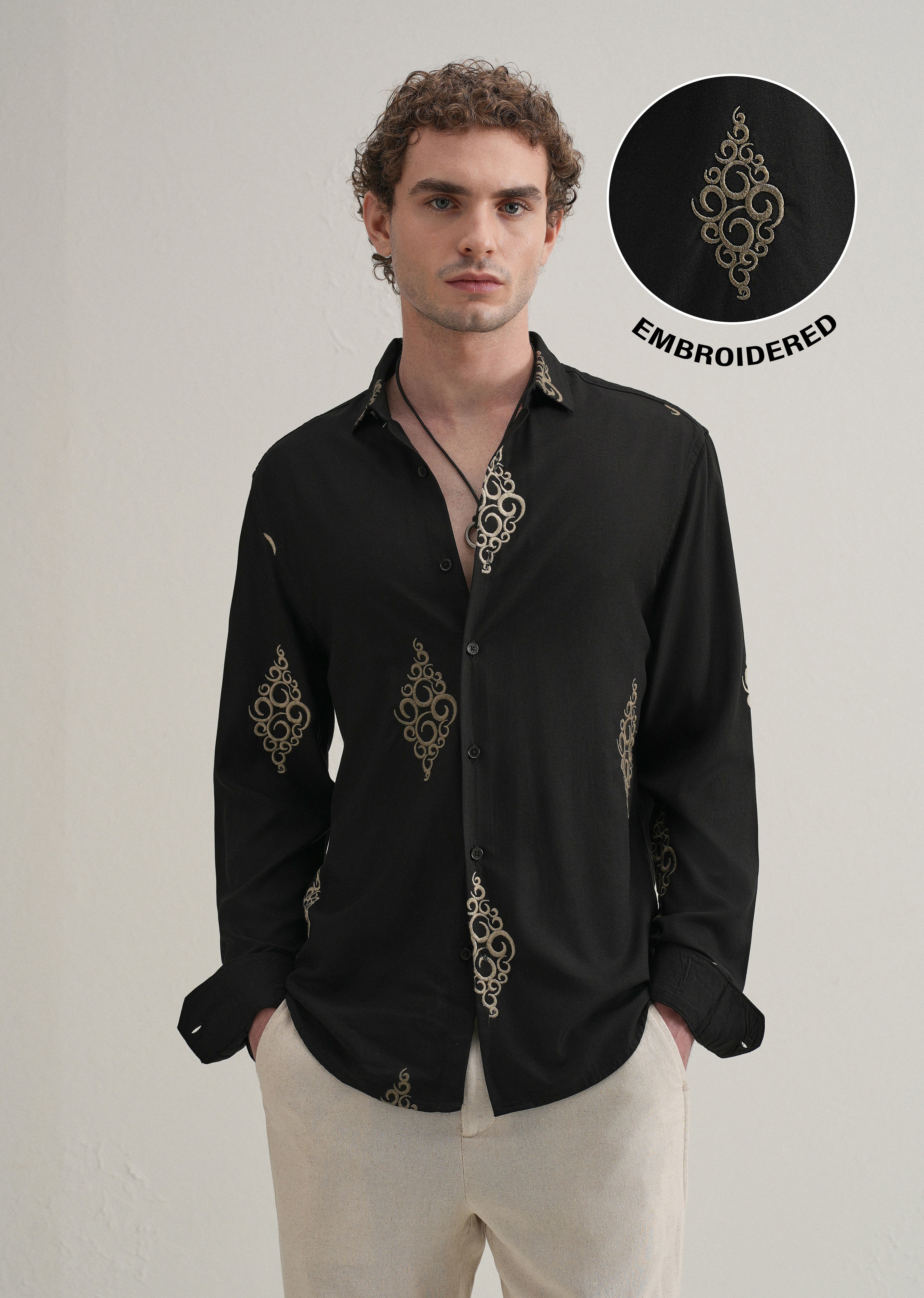 Black Circular Motif Embroidery Shirt