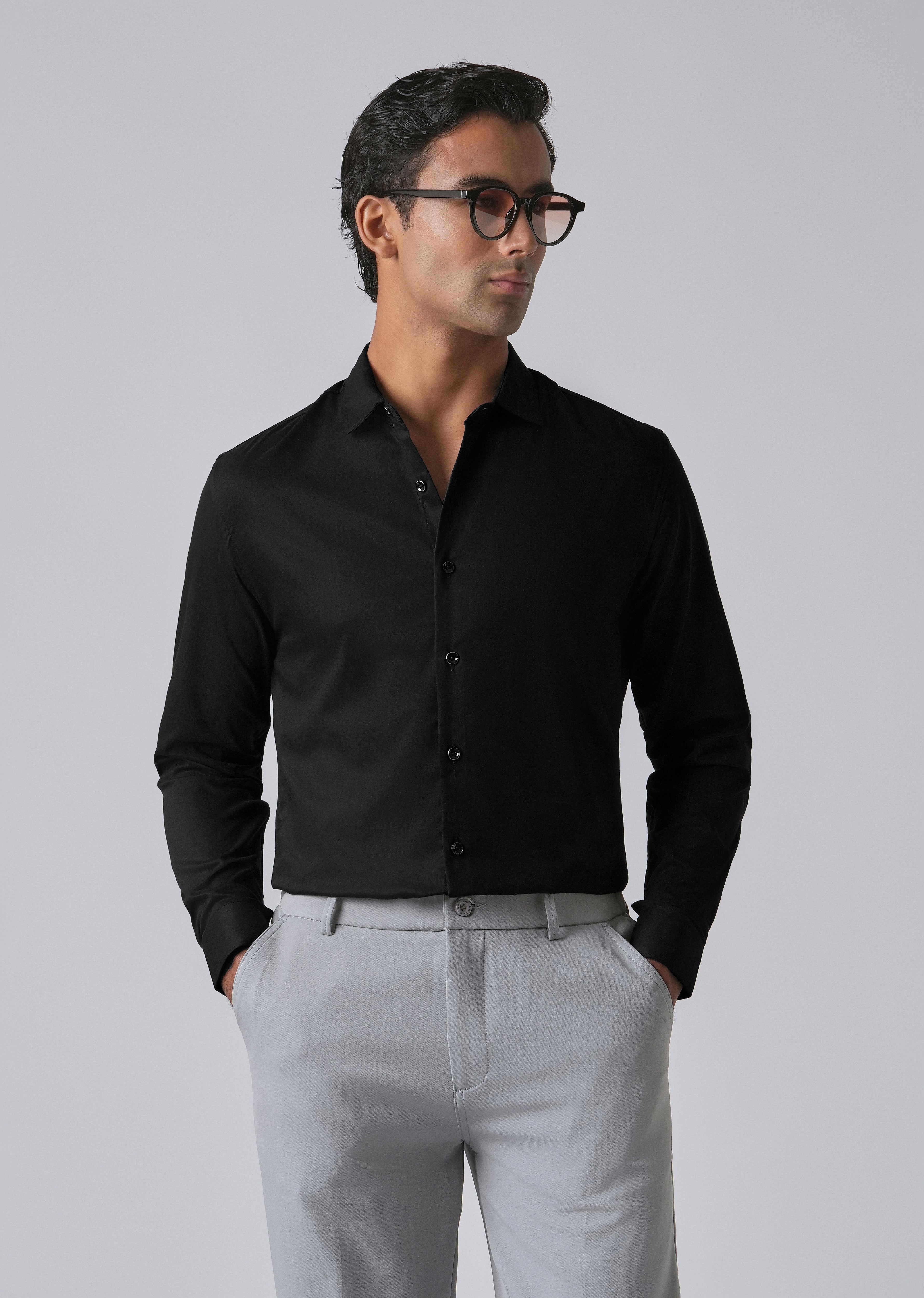 Black Cotton Stretch Plain Shirt