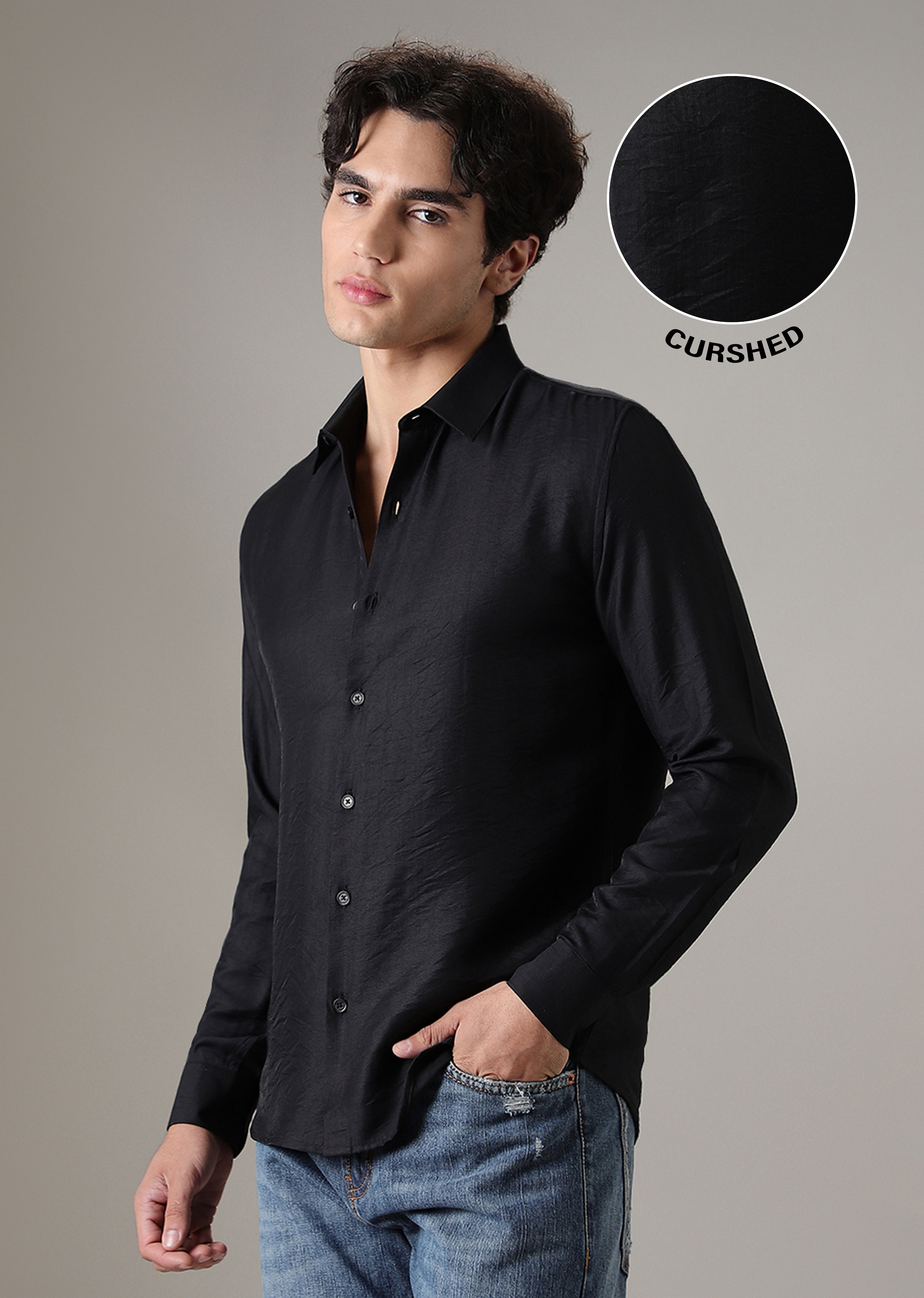 Black Plain Crushed Satin Shirt