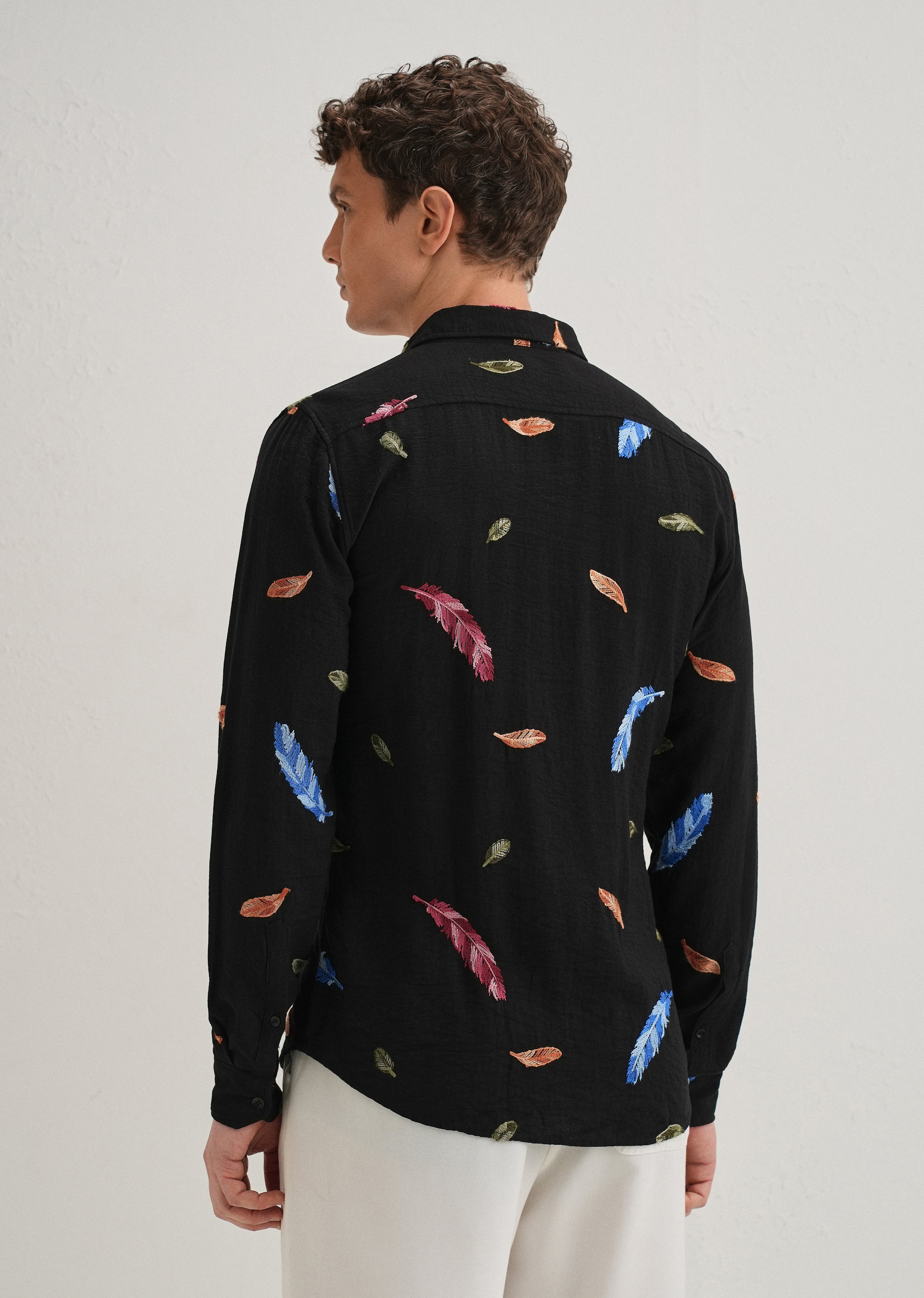 Black Feather Leaf Embroidery Shirt