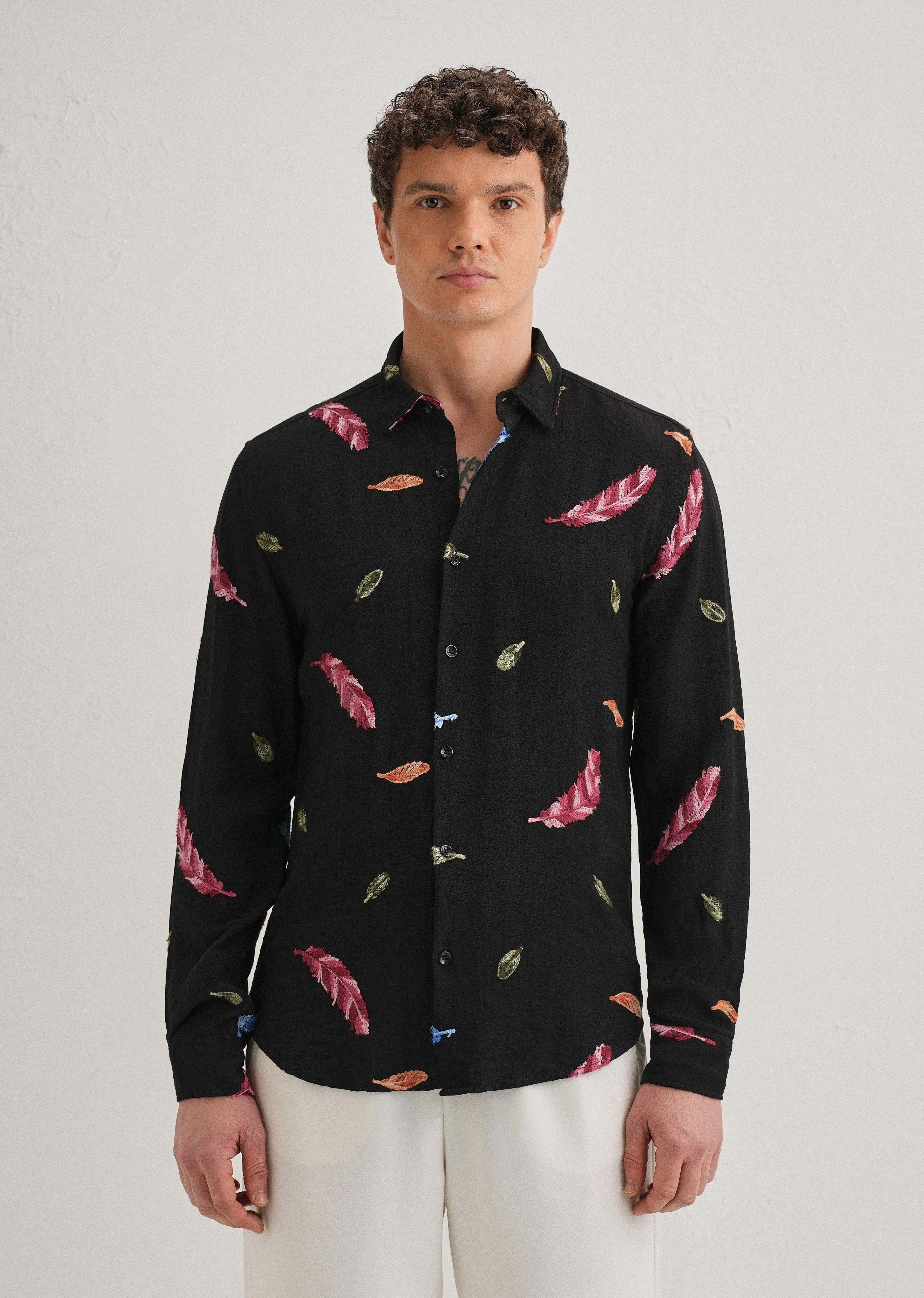 Black Feather Leaf Embroidery Shirt