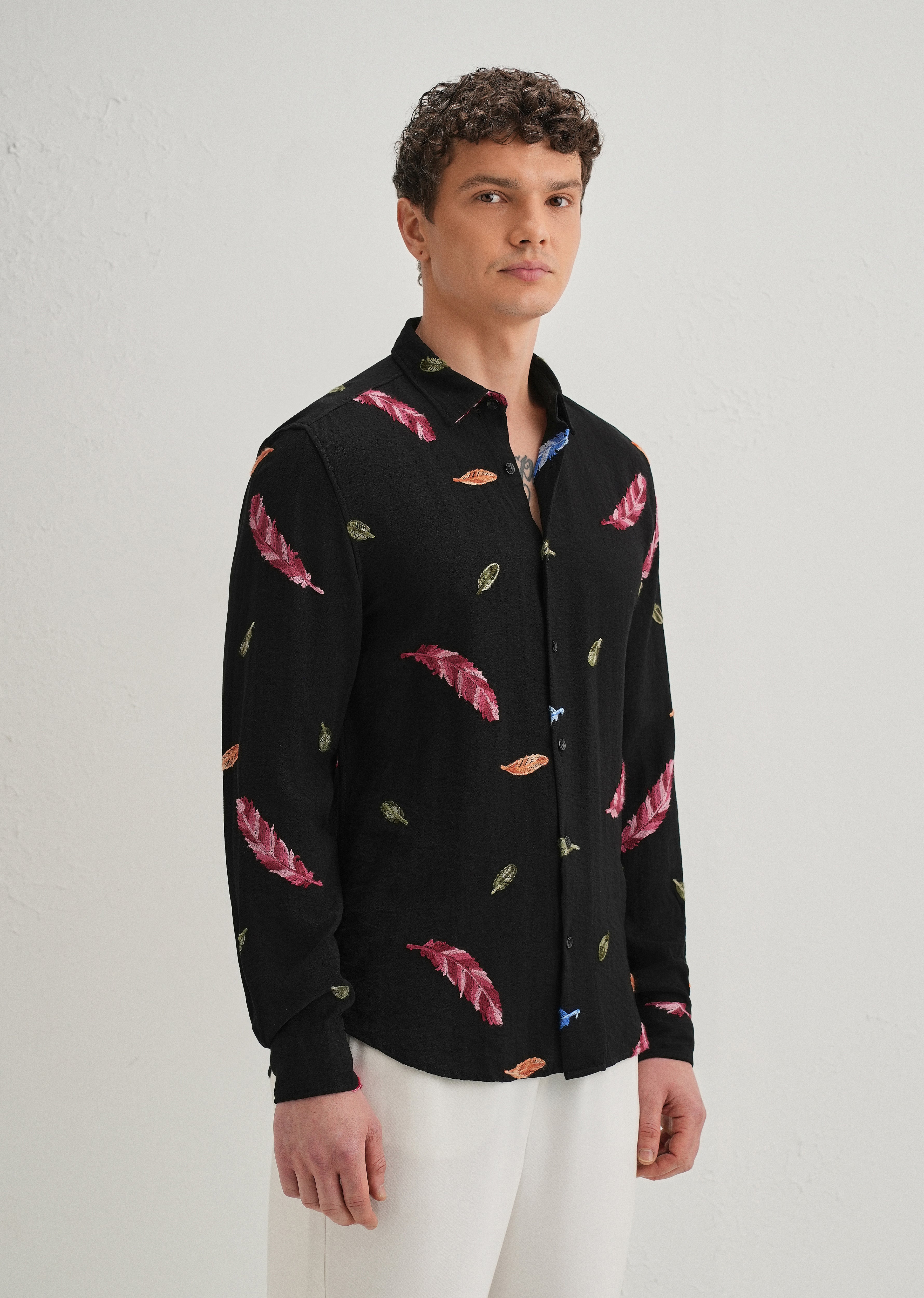 Black Feather Leaf Embroidery Shirt