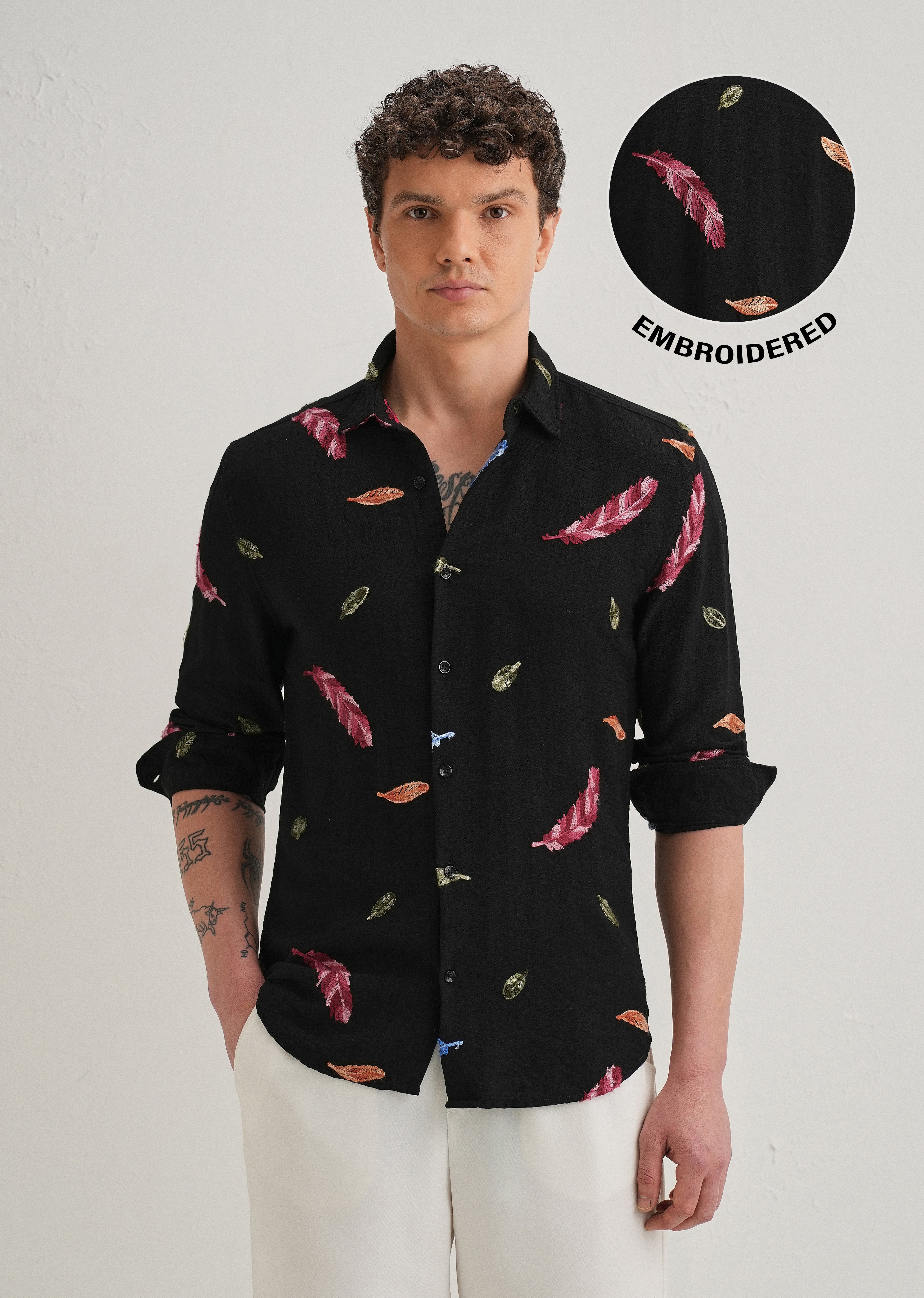 Black Feather Leaf Embroidery Shirt