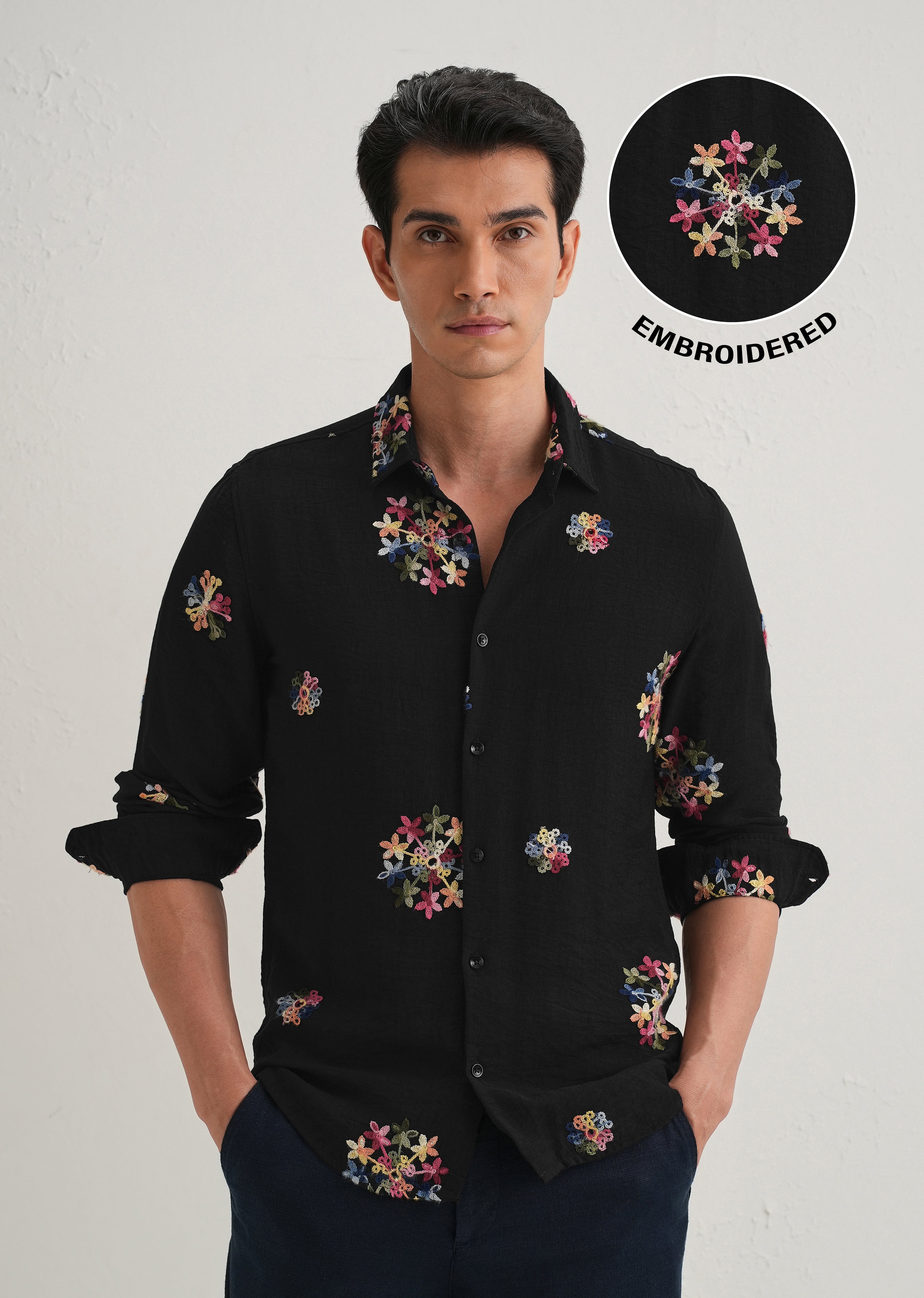 Black Floral Embroidered Shirt