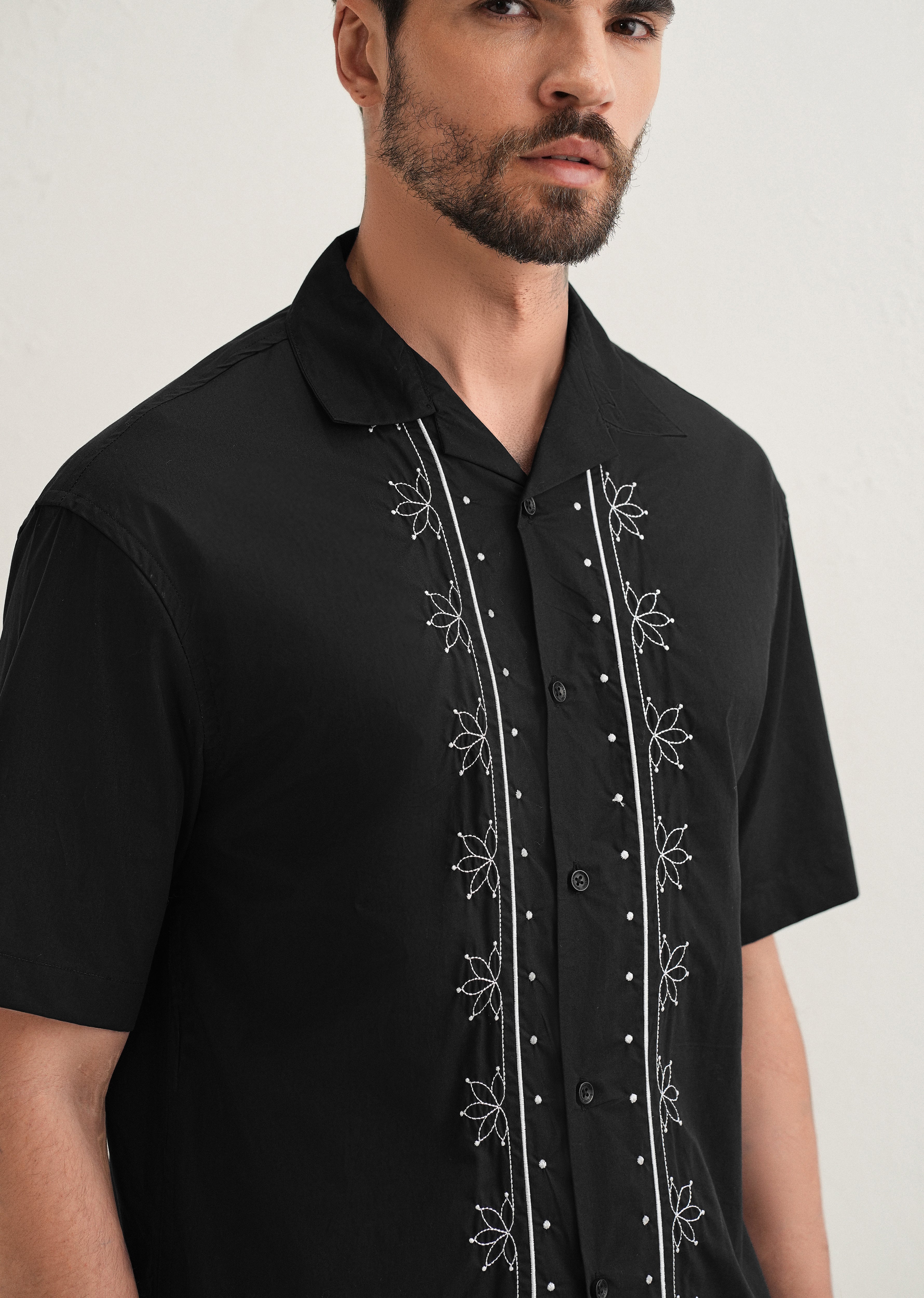 Black Floral Embroidered Pure Cotton Shirt