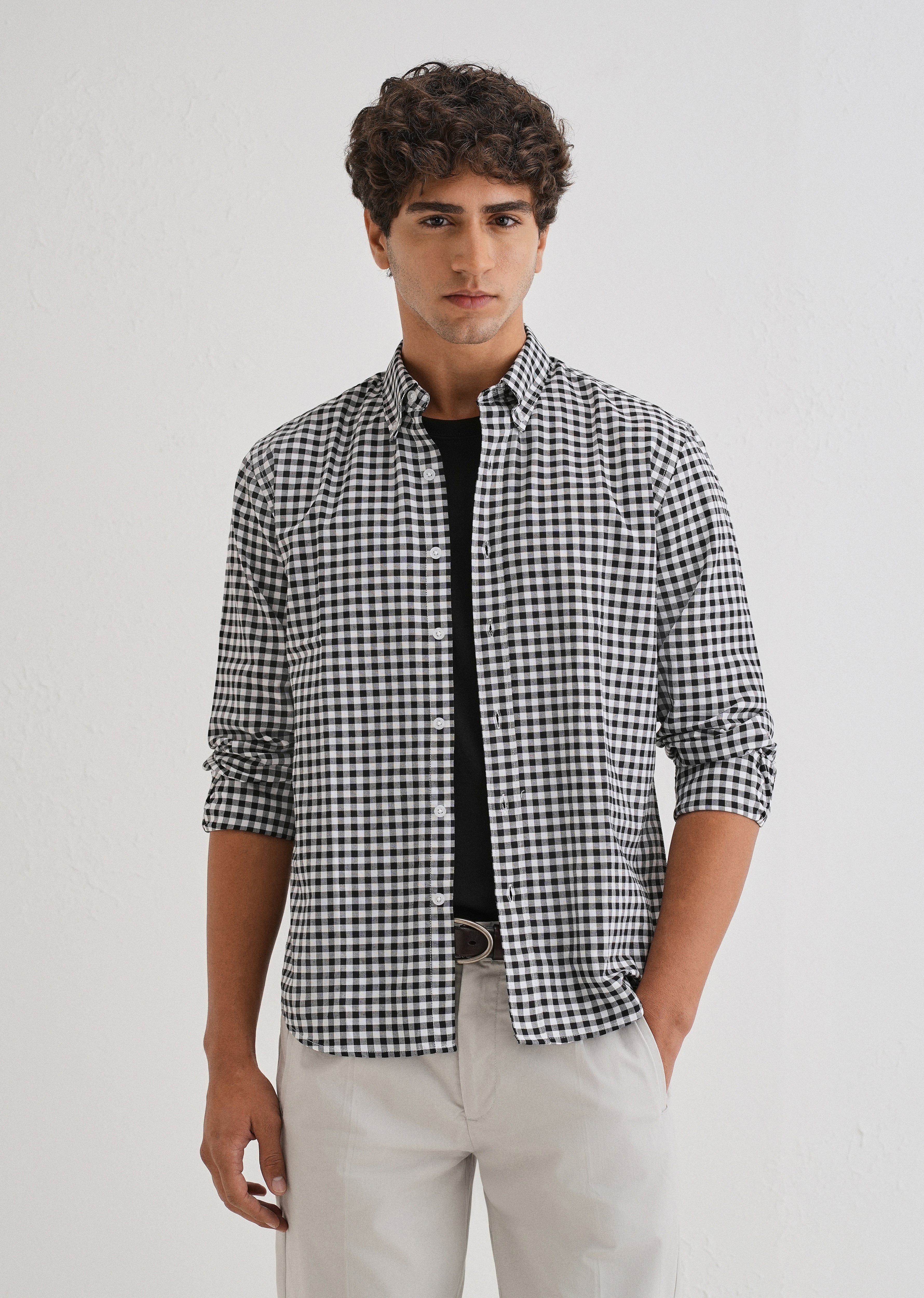 Black Gingham Check Cotton Oxford Shirt