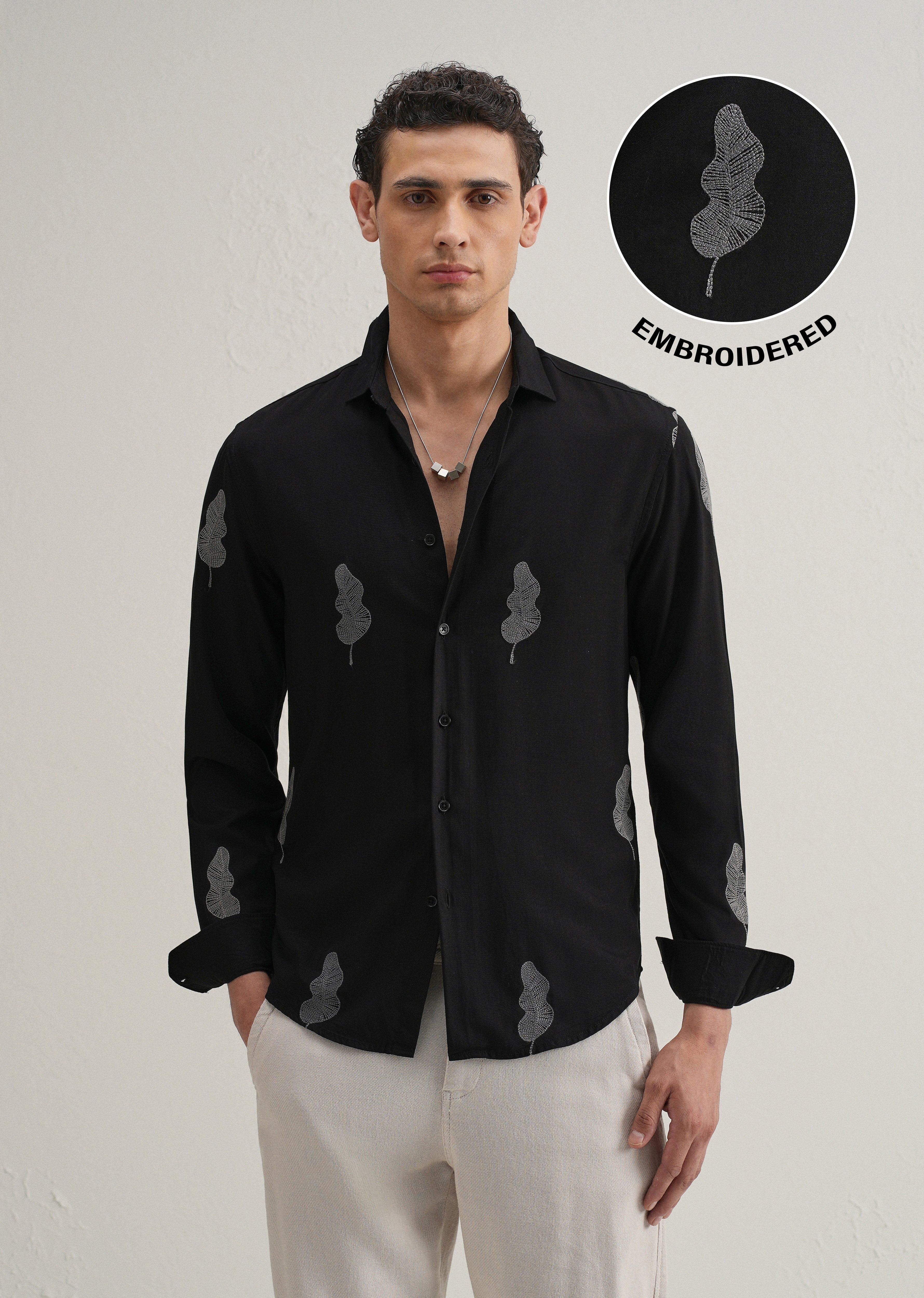 Black Grey Leaf Motif Embroidery Shirt