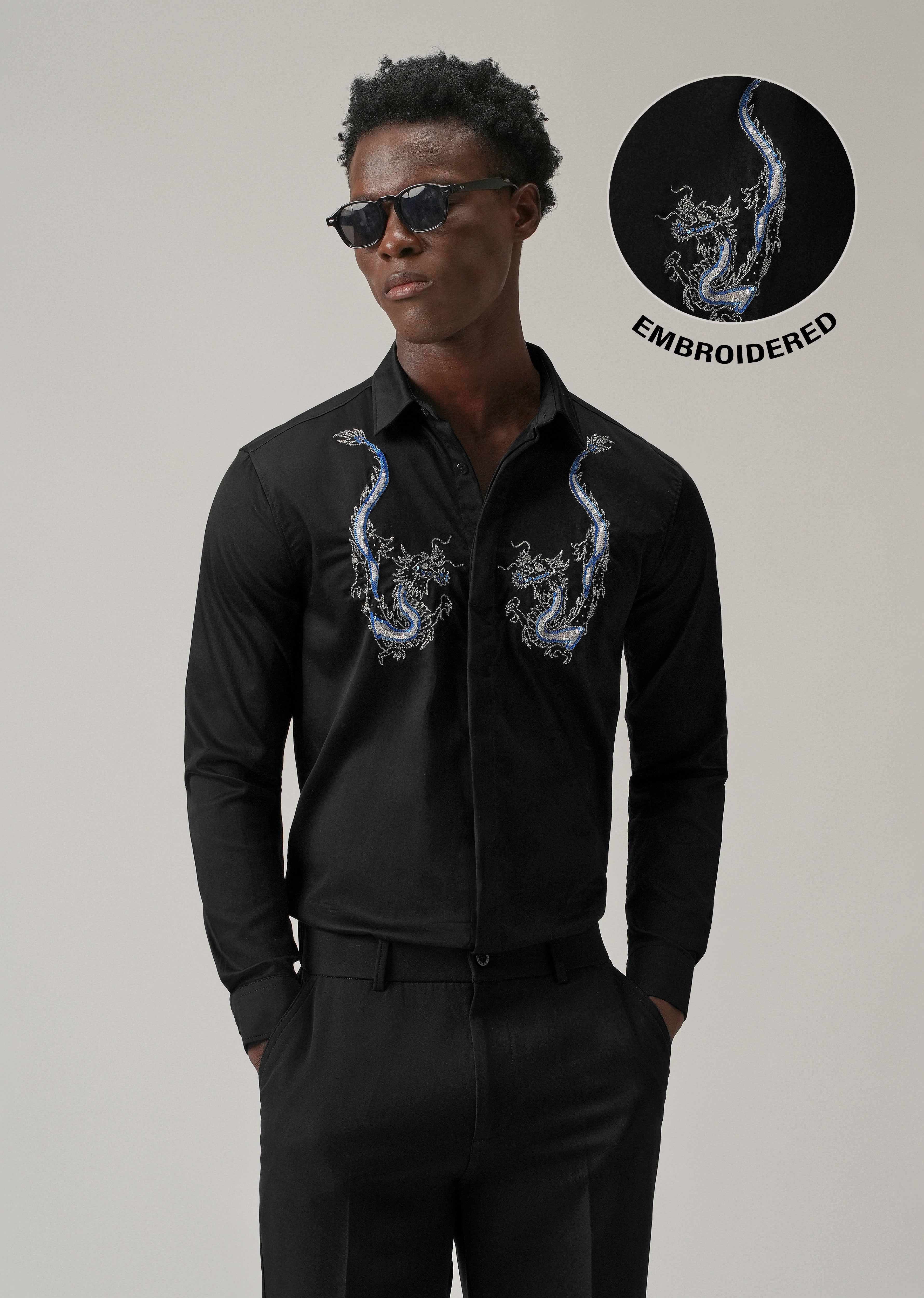 Black Handcrafted Dragon Designer Shirt