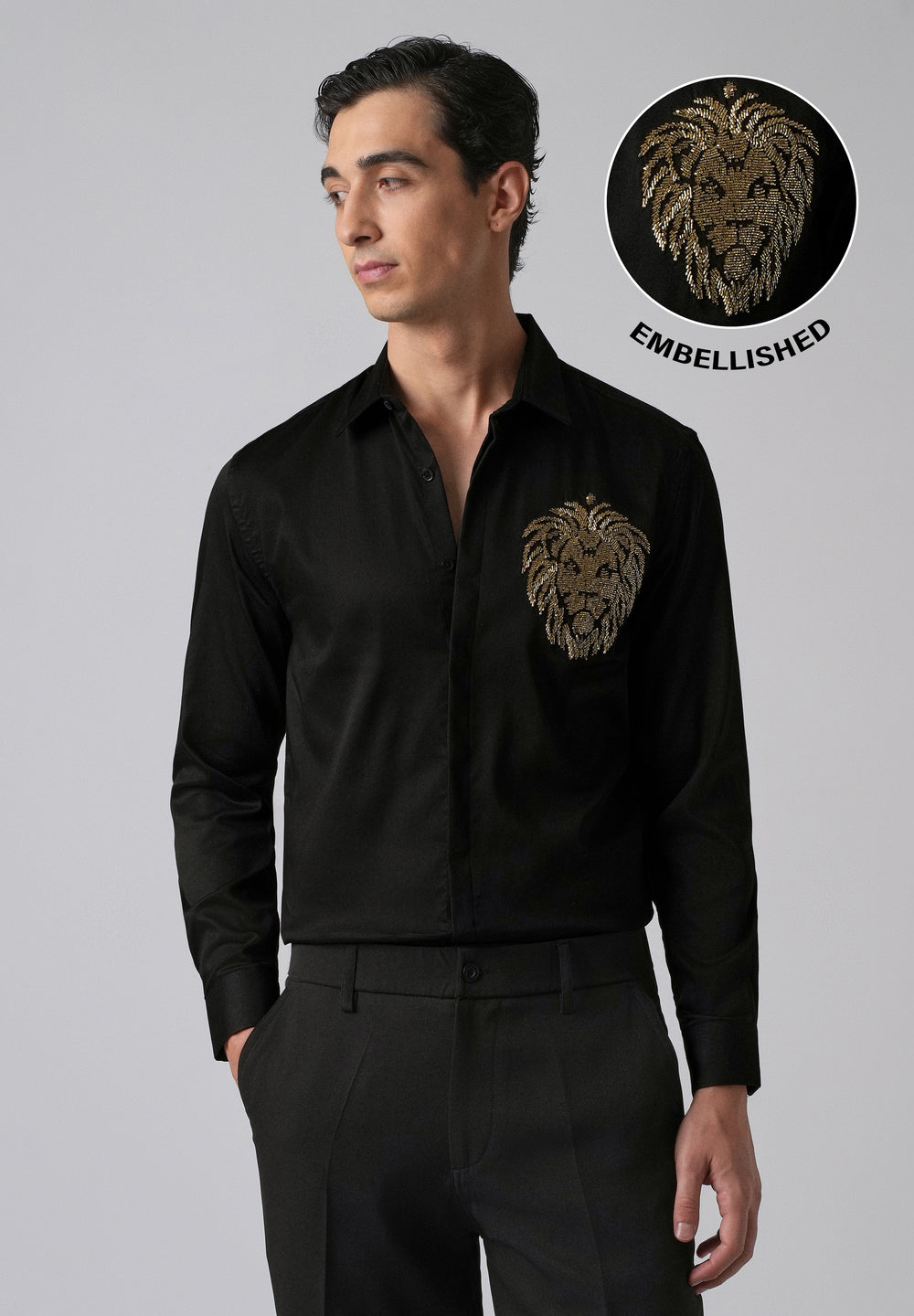 Black Handcrafted Lion Embroidery Designer Shirt