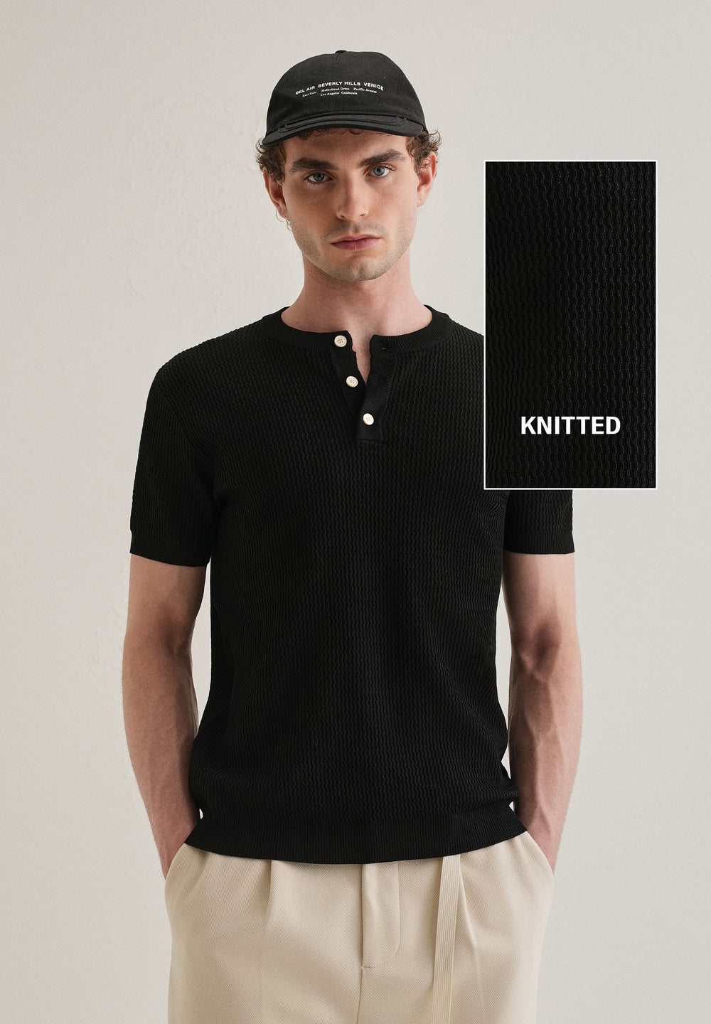 Black Henley Neck Knitted T-shirt