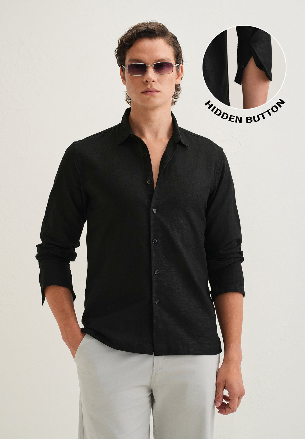 Black Hidden Sleeve Placket Cotton Linen Shirt