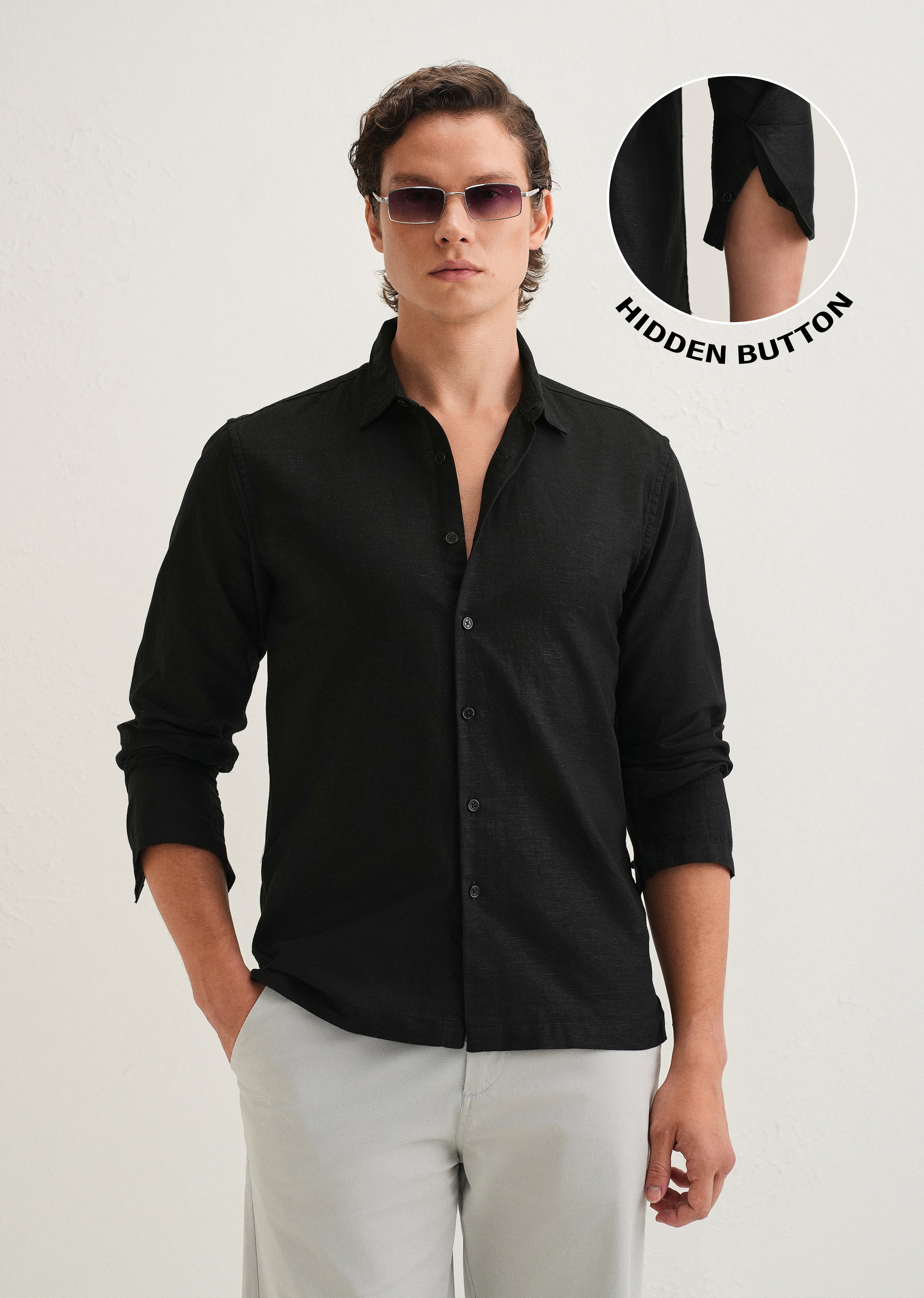 Black Hidden Sleeve Placket Cotton Linen Shirt
