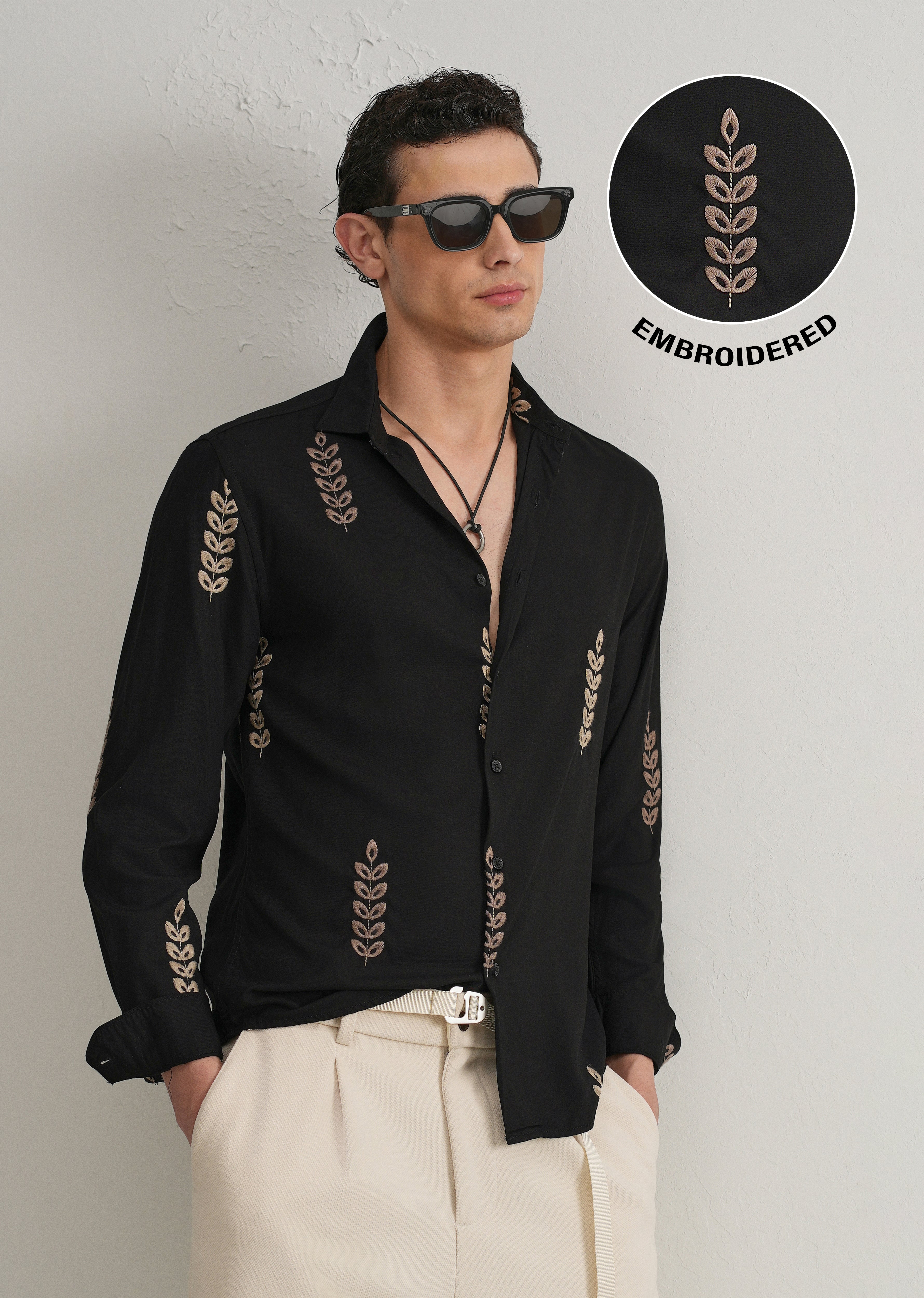 Black Leaf Embroidery Shirt