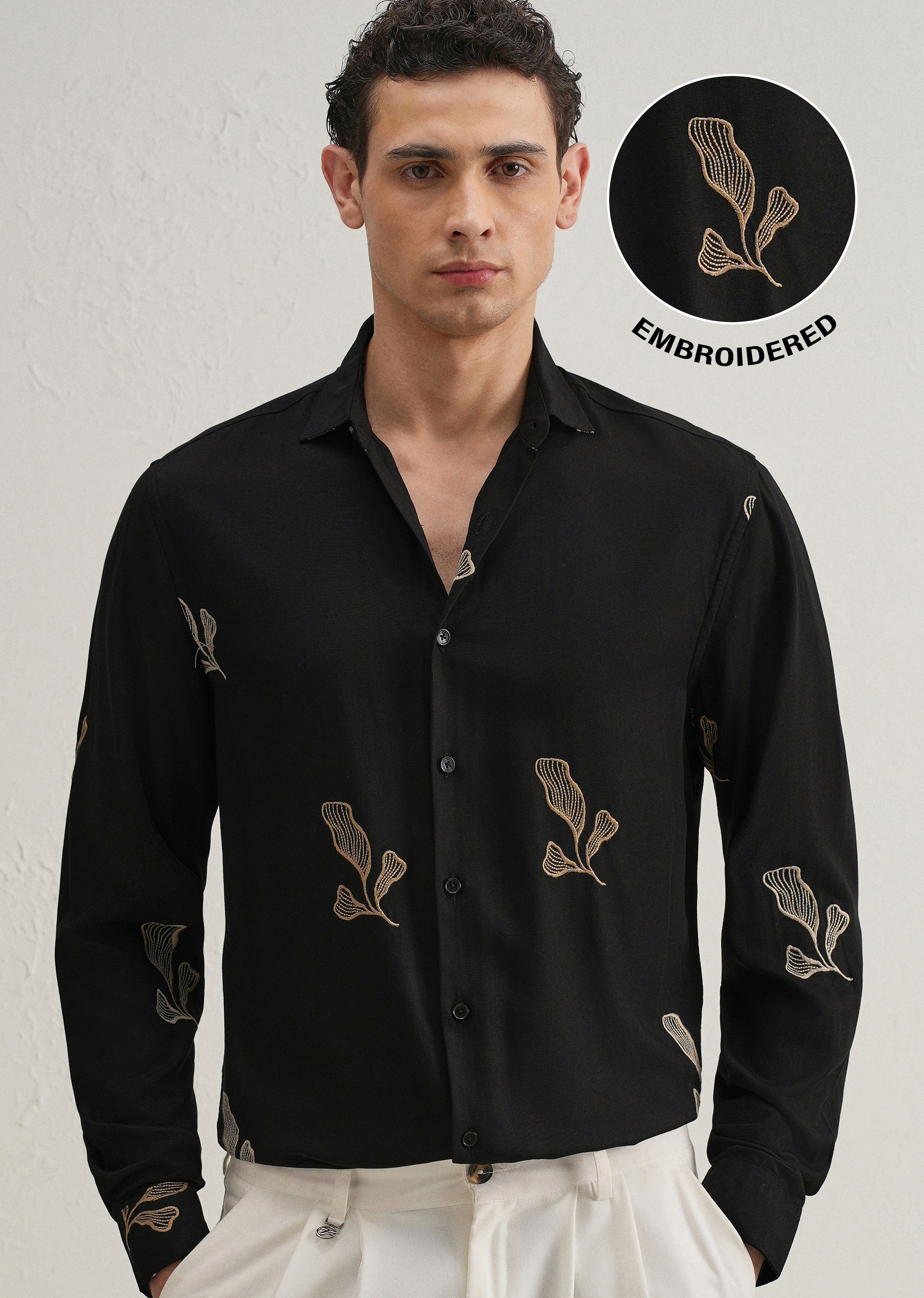 Black Leaf Motif Embroidery Shirt