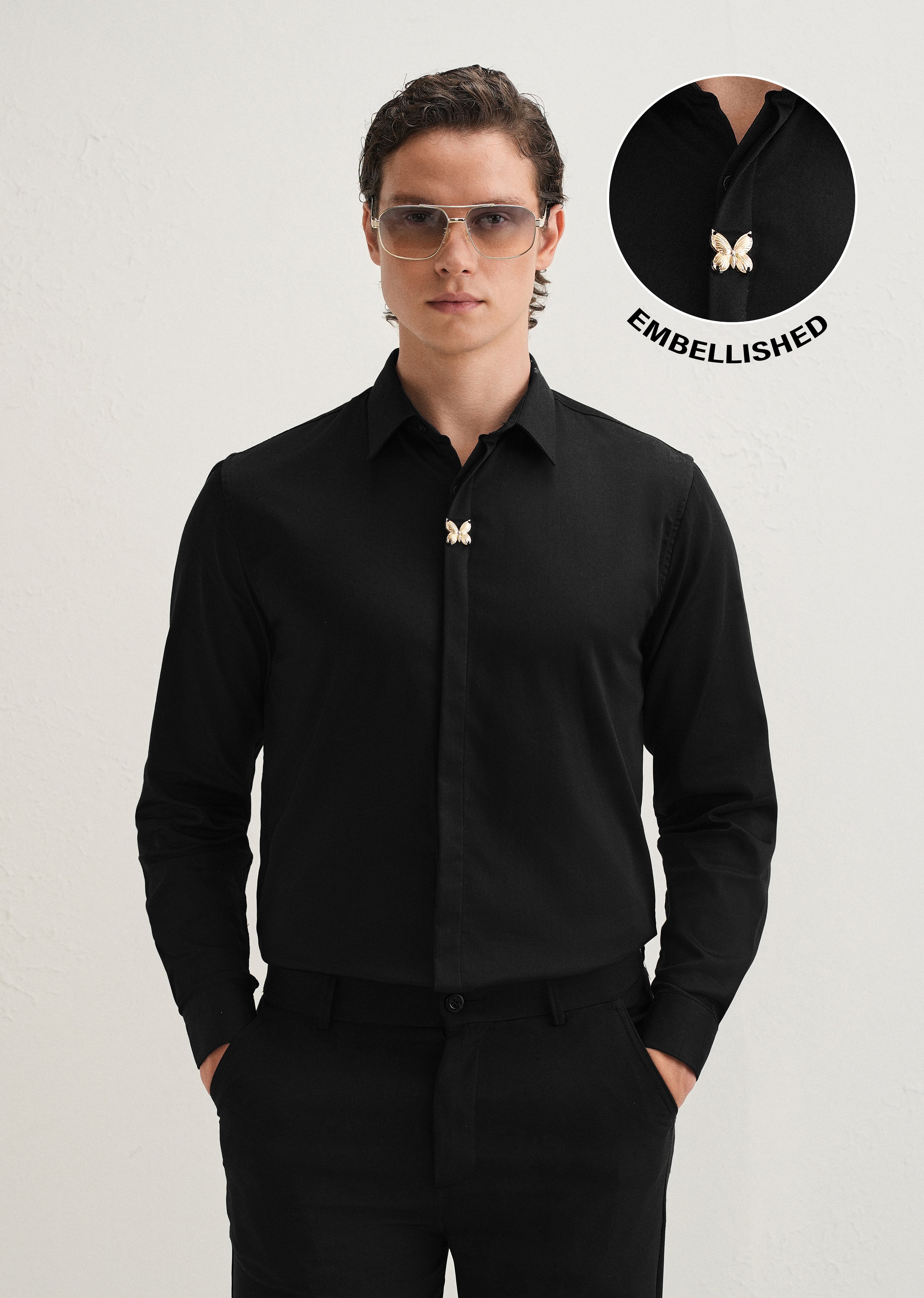 Black Metallic Butterfly Designer Shirt