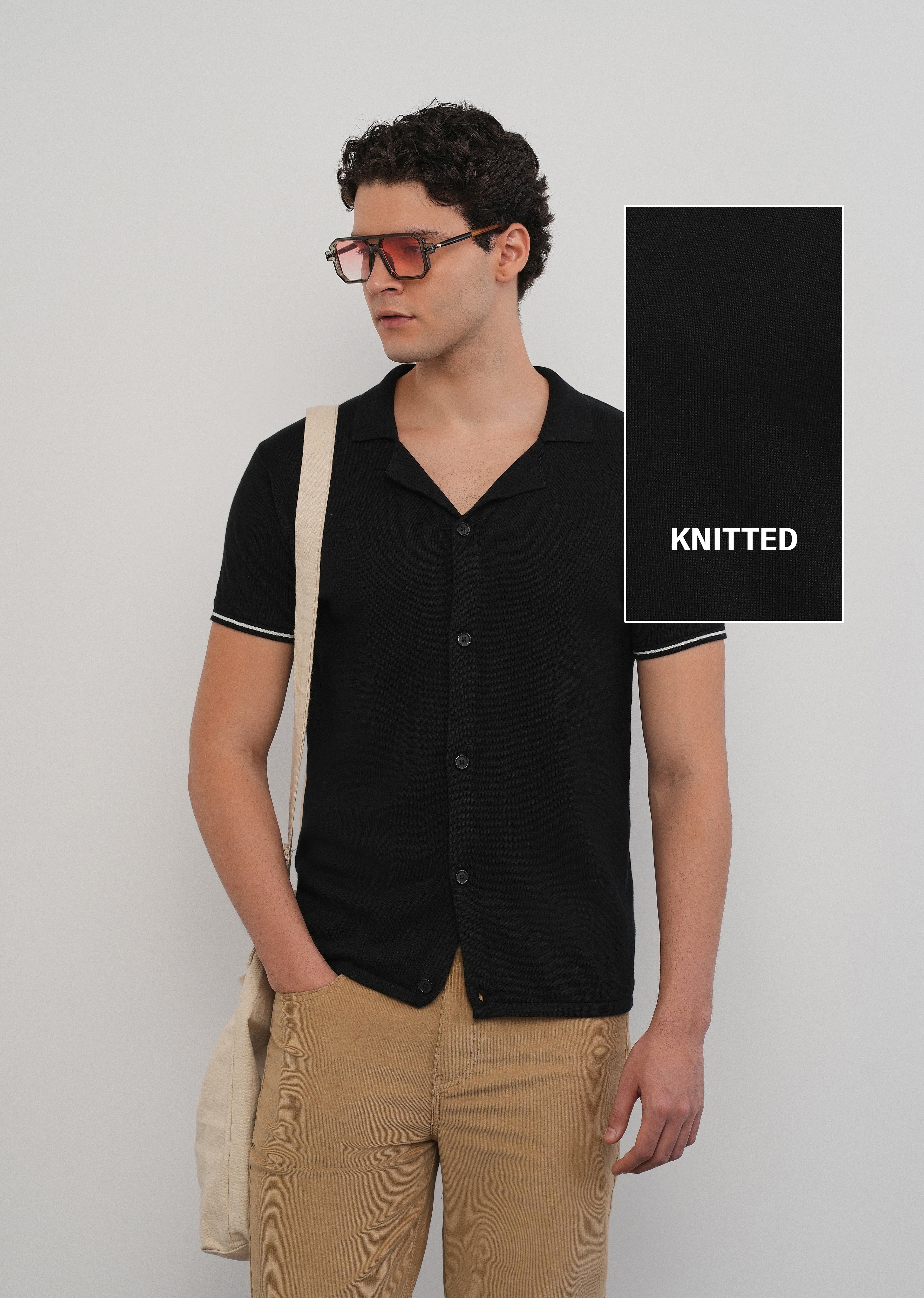 Black Plain Knit Cuban Collar Shirt