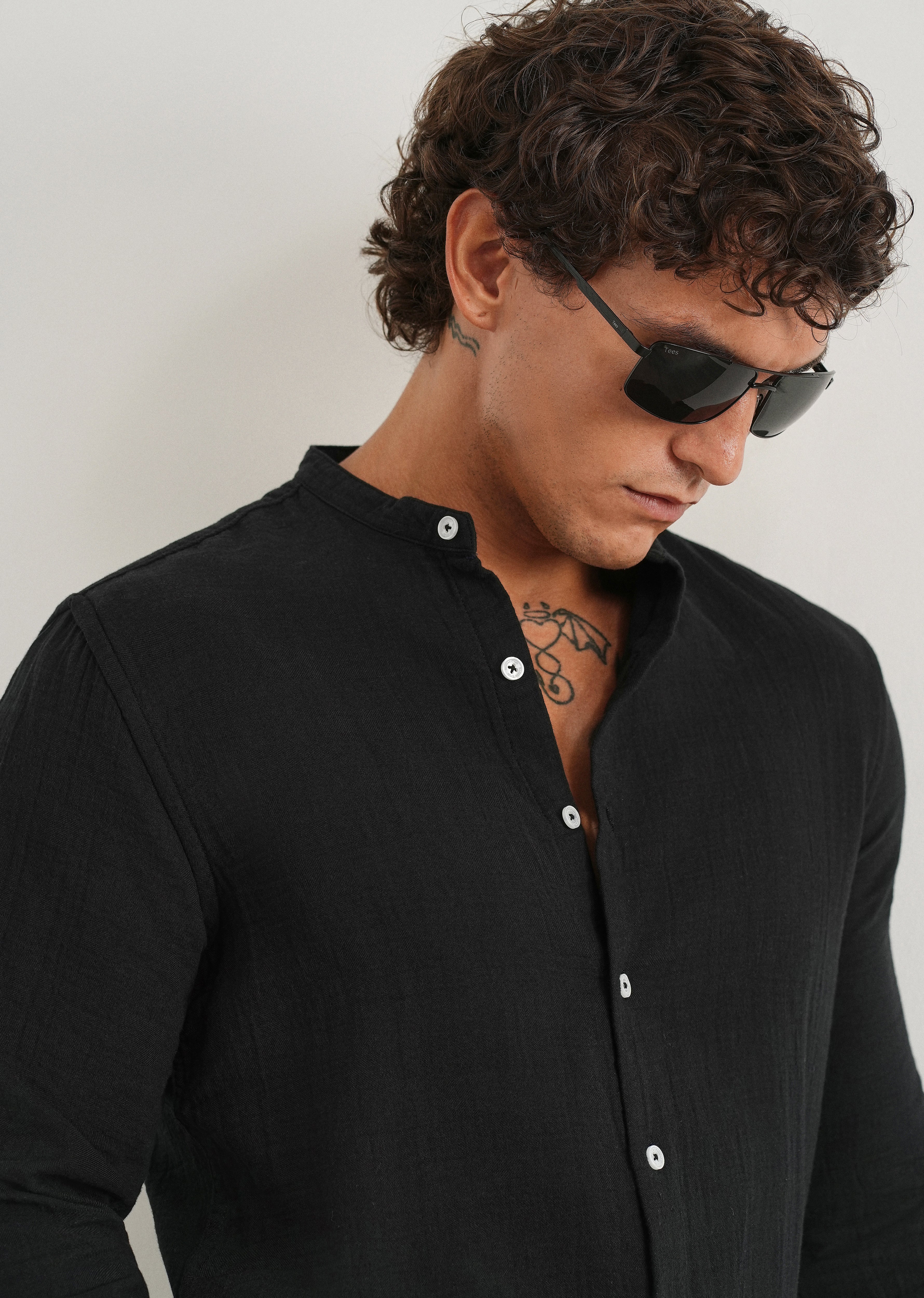 Black Plain Mandarin Collar Cotton Shirt
