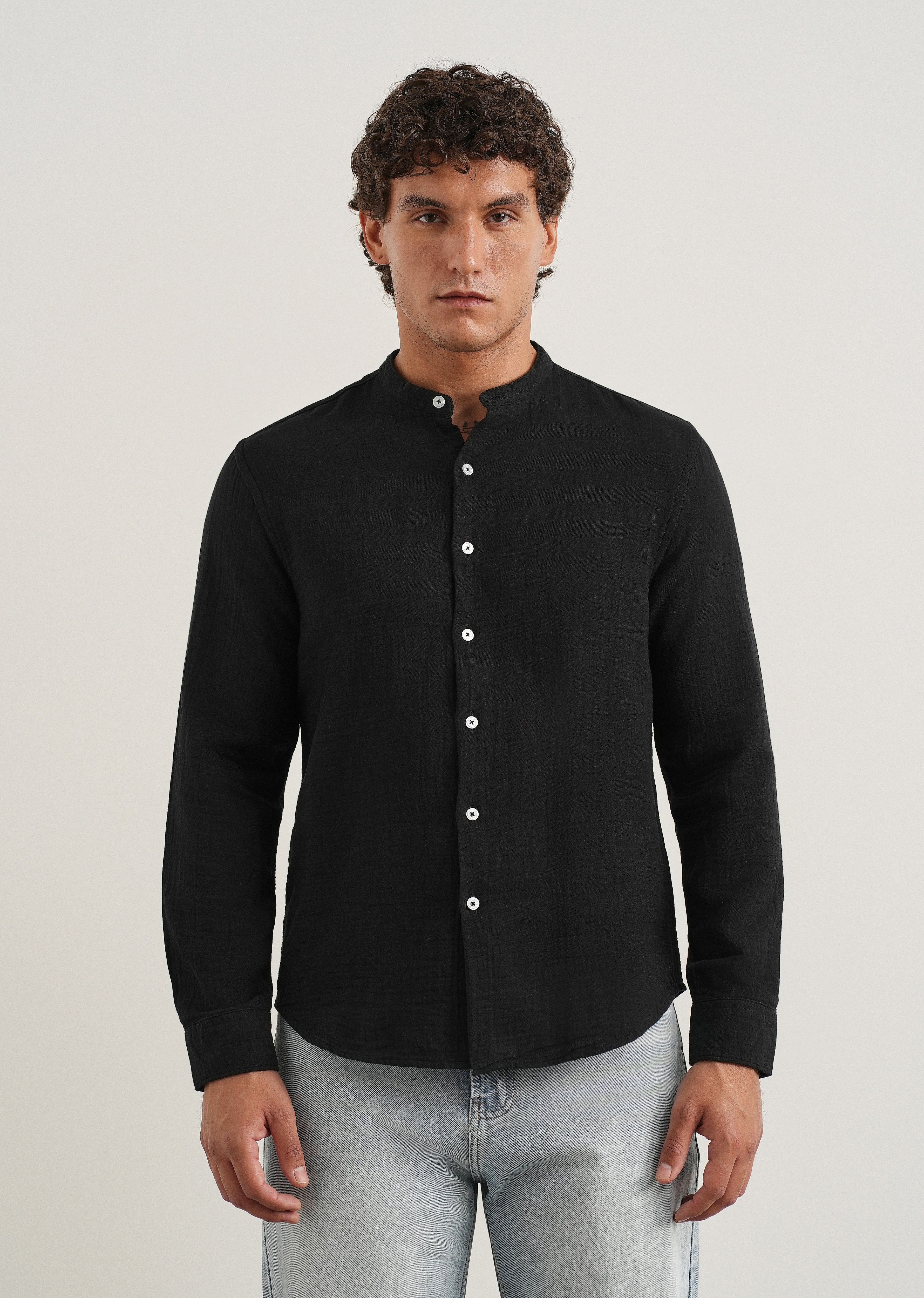 Black Plain Mandarin Collar Cotton Shirt