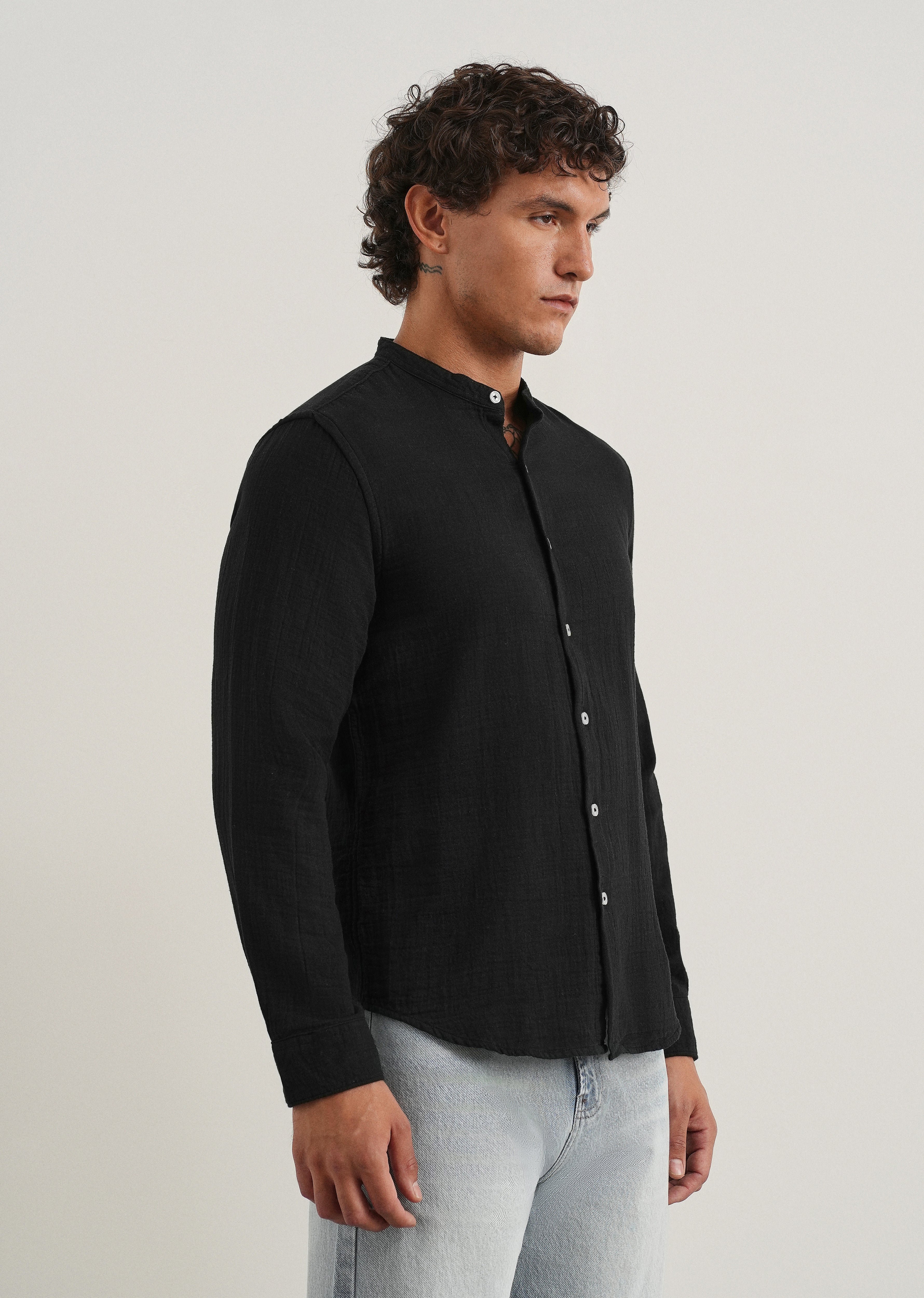 Black Plain Mandarin Collar Cotton Shirt