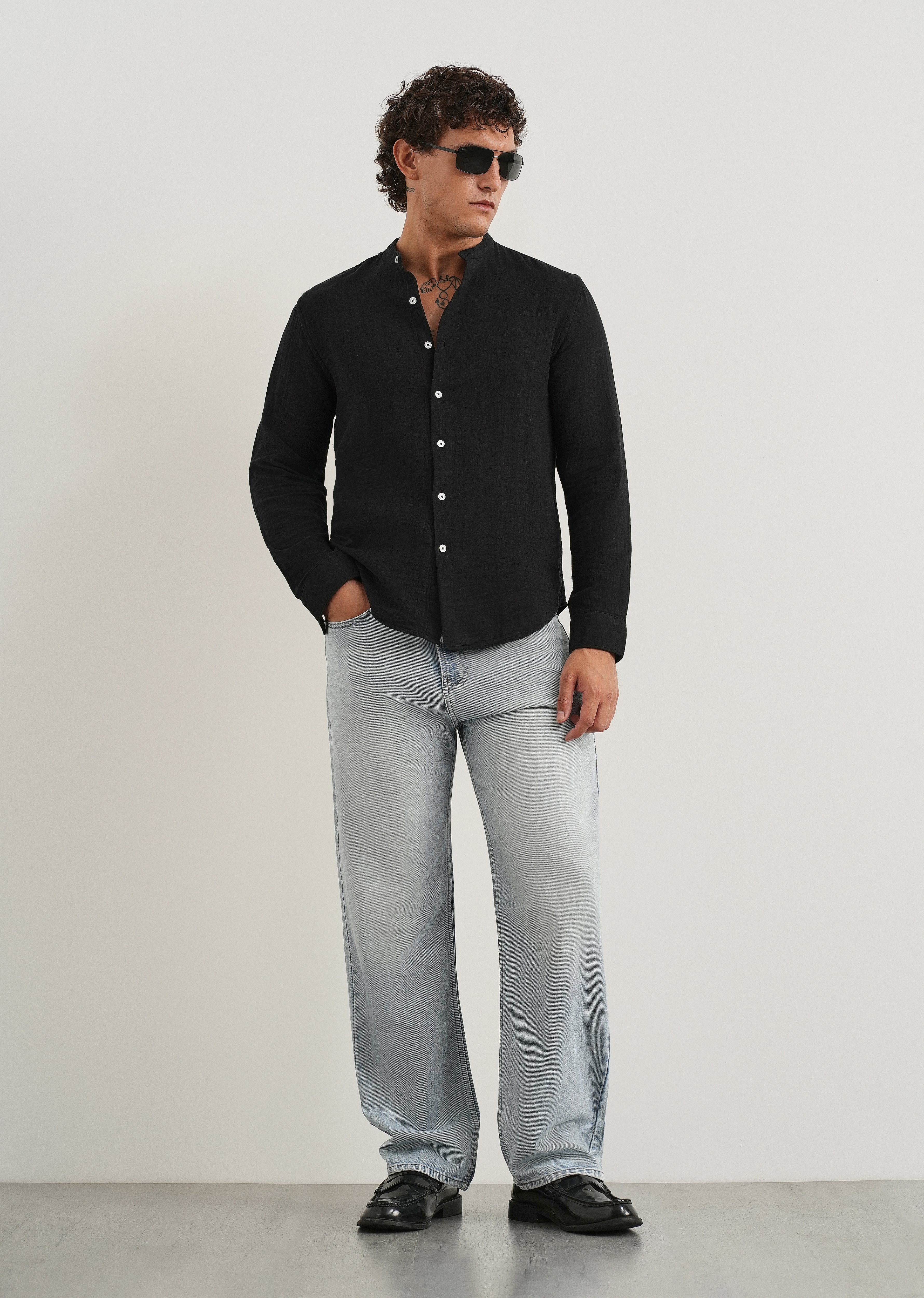 Black Plain Mandarin Collar Cotton Shirt