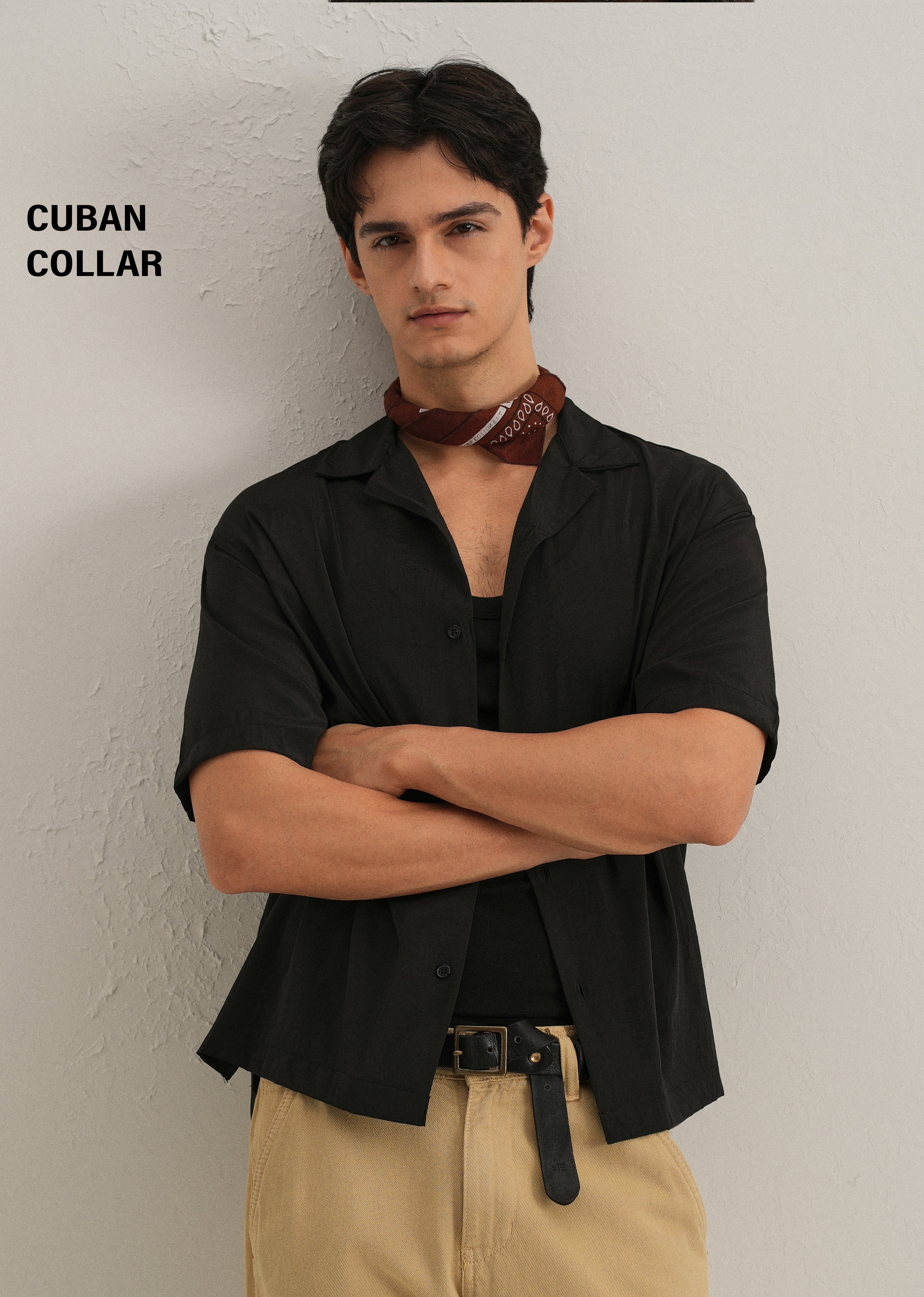 Black Plain Sheen Cuban Collar Shirt