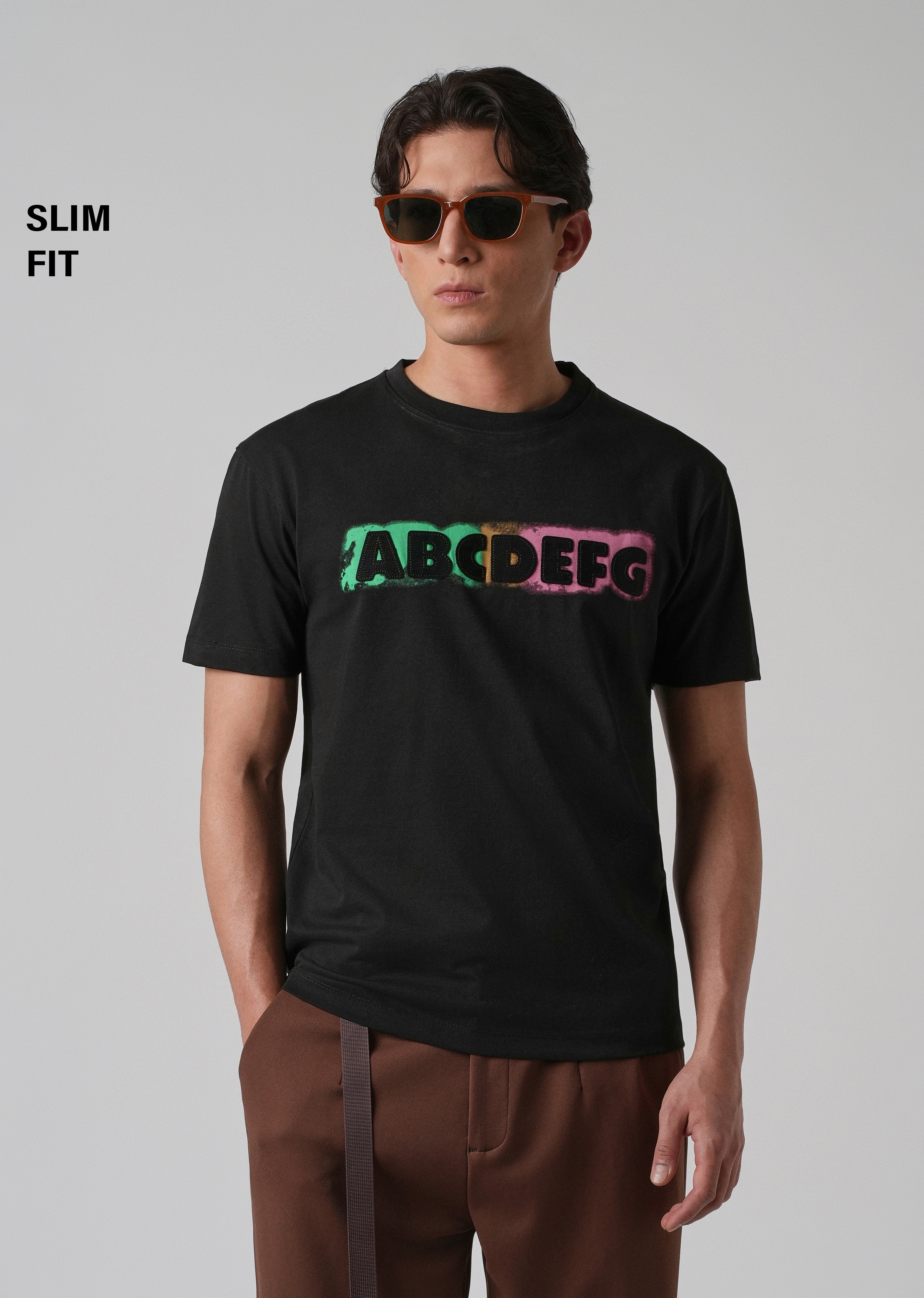 Black Embossed Printed Slim Fit T-shirt