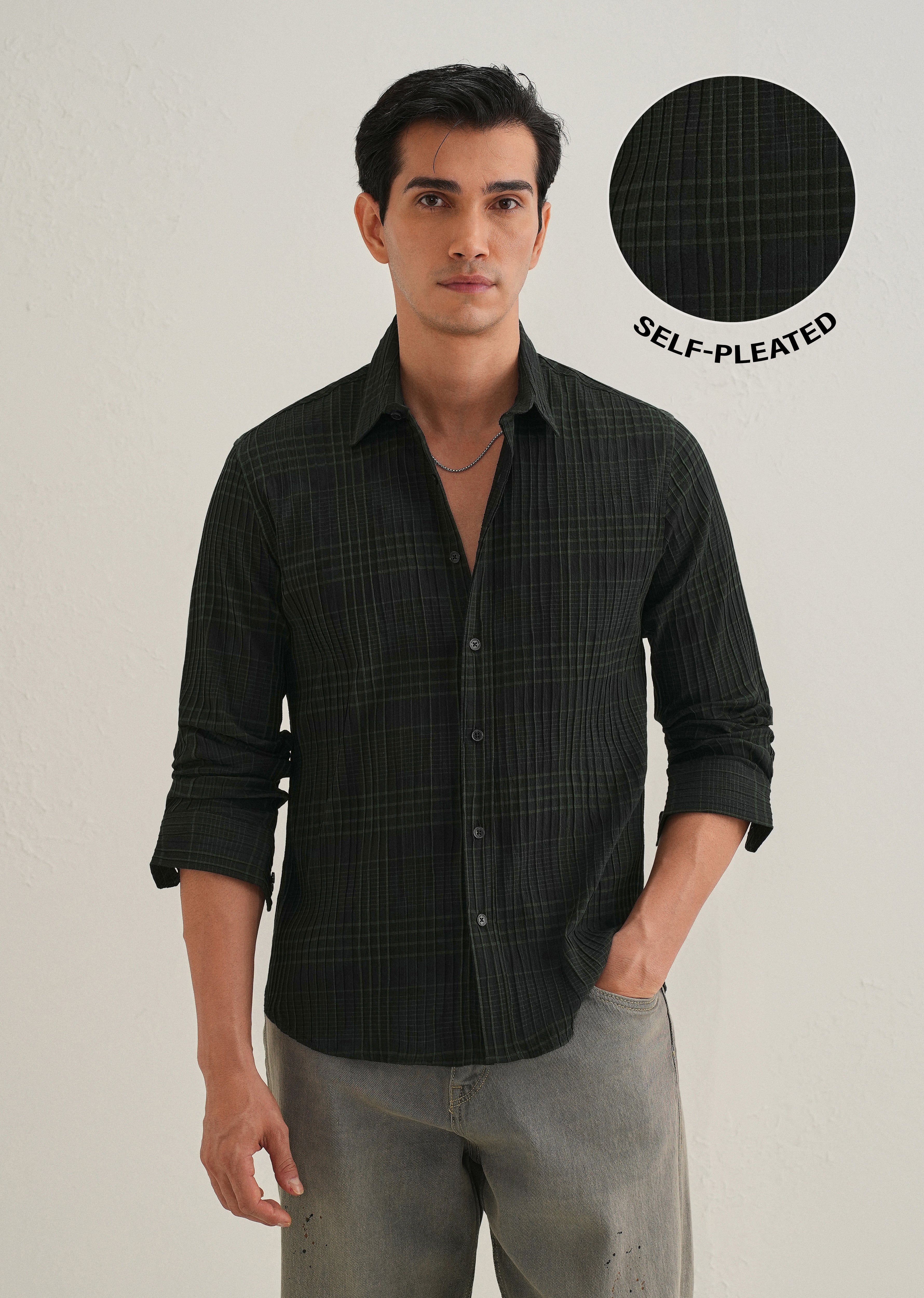 Deep Black Self-Pleated Check Shirt