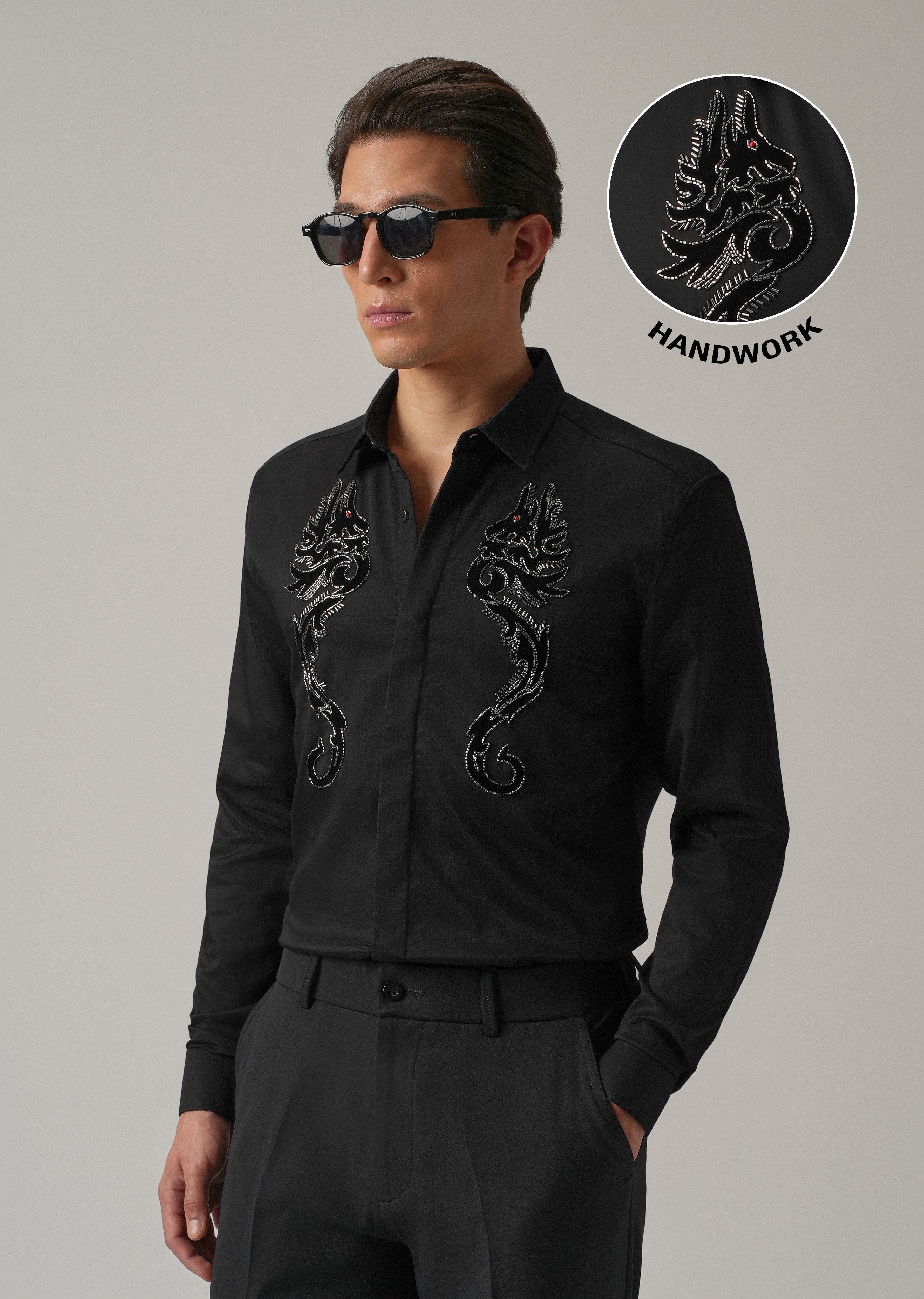 Black Serpentine Dragon Handwork Designer Shirt