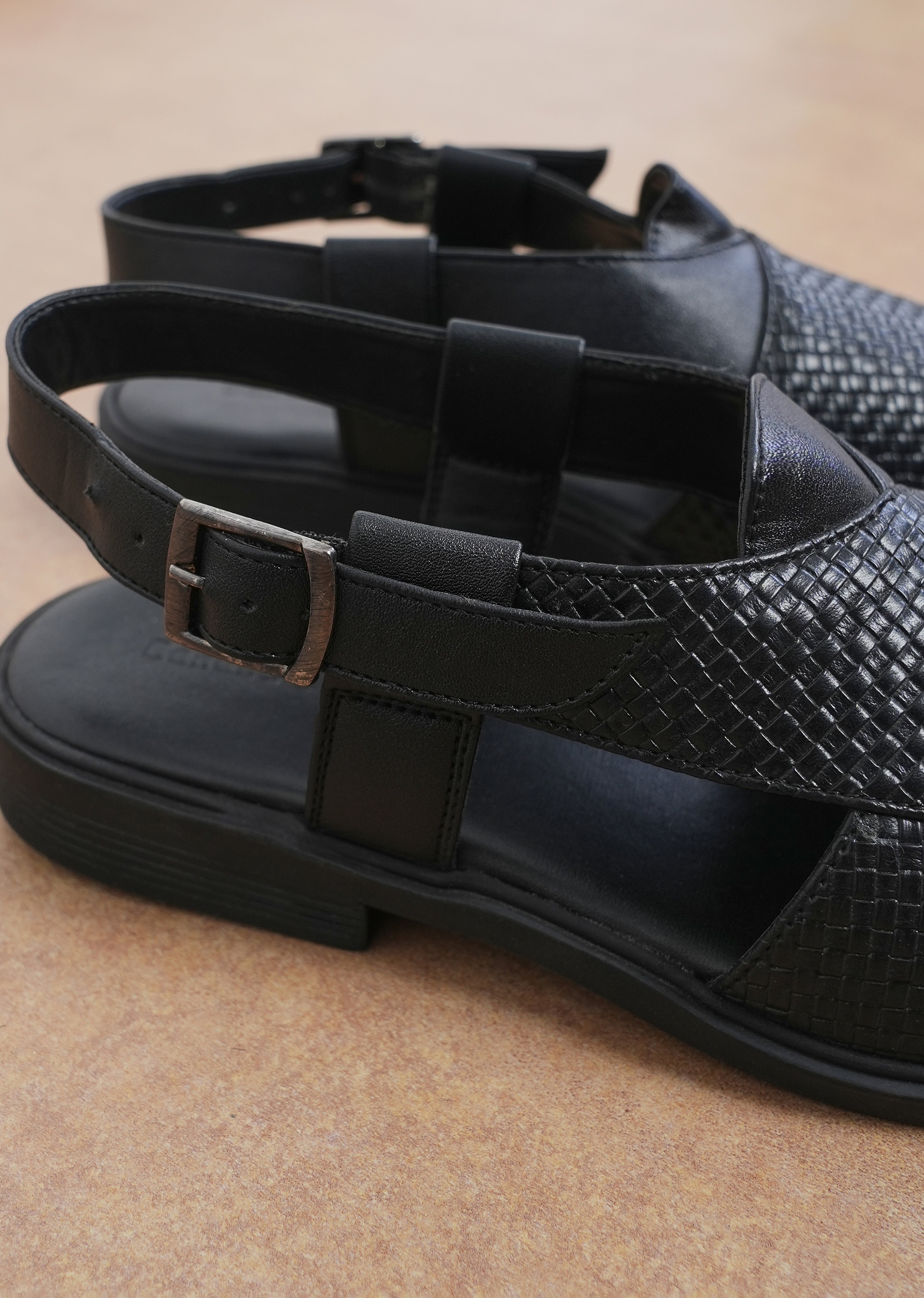 Black Textured Back Strap Comfort Sandals